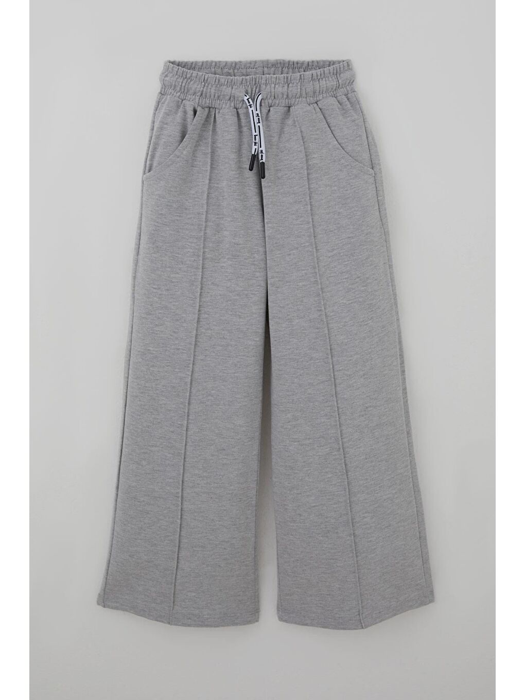 Kız Çocuk Eşofman Altı Çima Dikiş Detaylı Bağcıklı Cepli Açık Gri Melanj (8-14 Yaş)