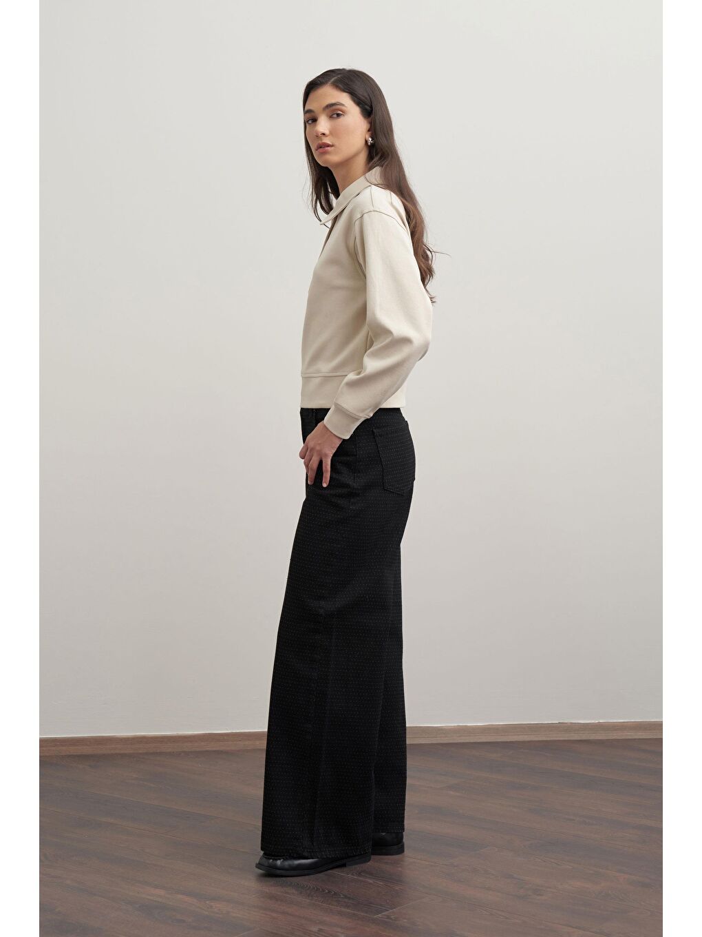 Bej Taş-Gömlek Yakalı İnterlok Sweatshırt-2