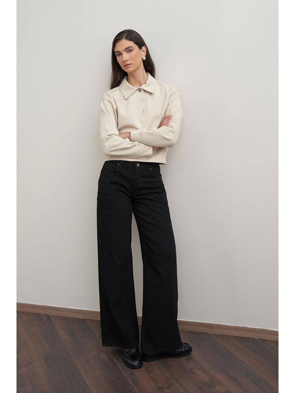 Bej Taş-Gömlek Yakalı İnterlok Sweatshırt-4