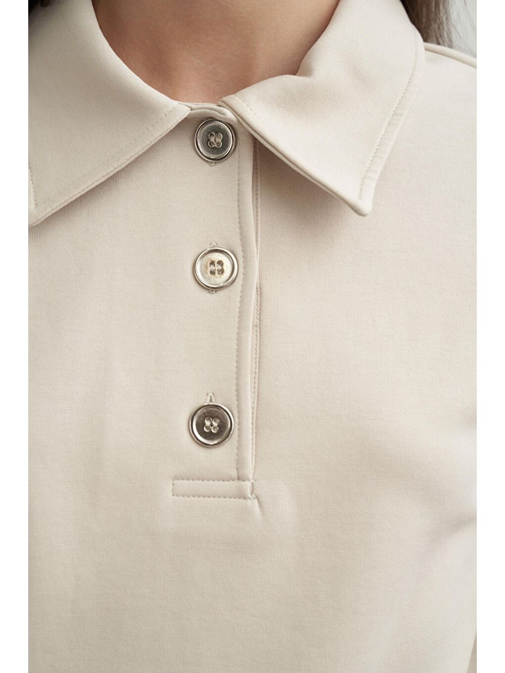 Bej Taş-Gömlek Yakalı İnterlok Sweatshırt-5