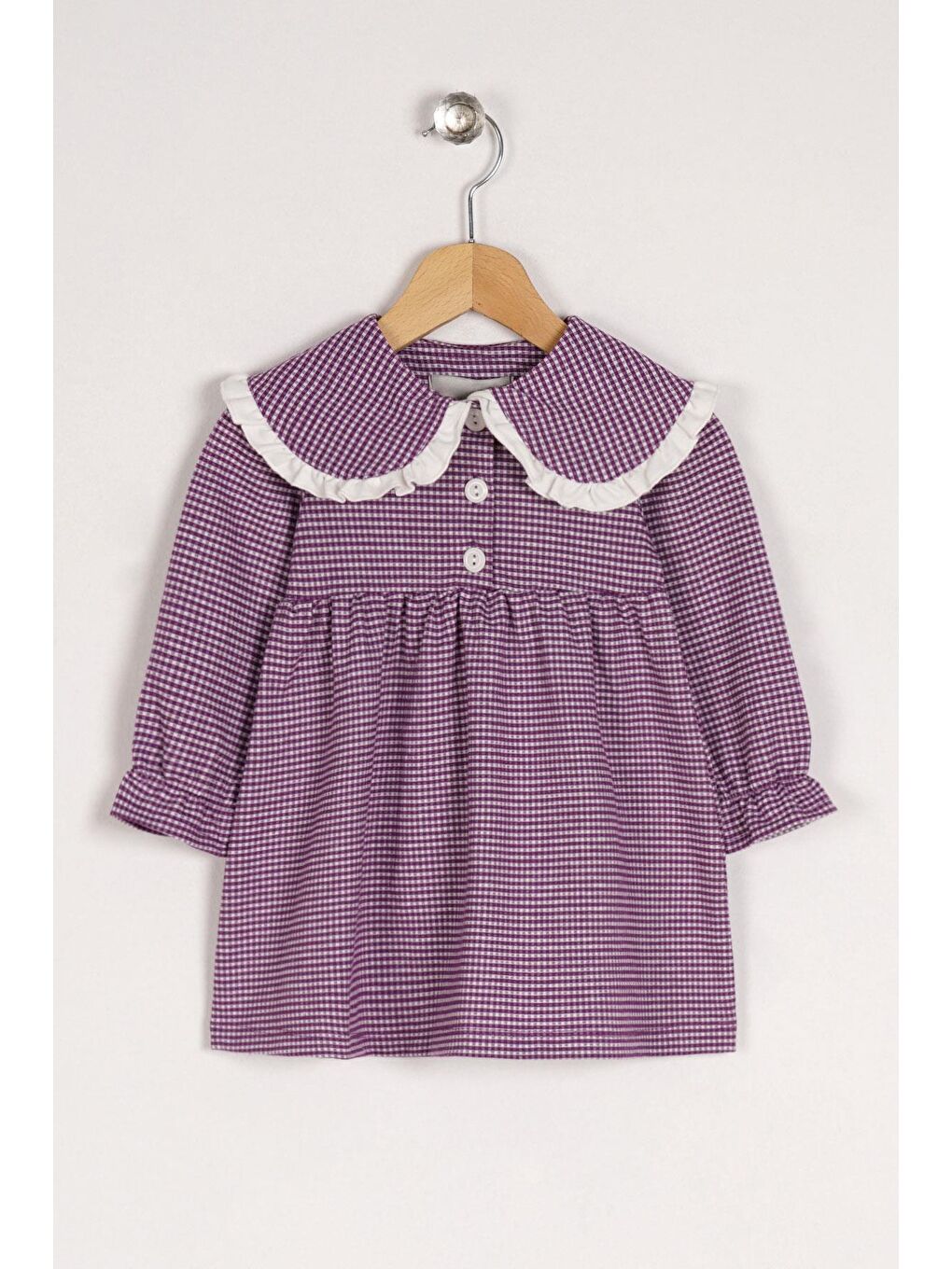 Bebe Yaka Uzun Kol Pötikareli Düğmeli Açık Mor Renk Kız Çocuk Elbise