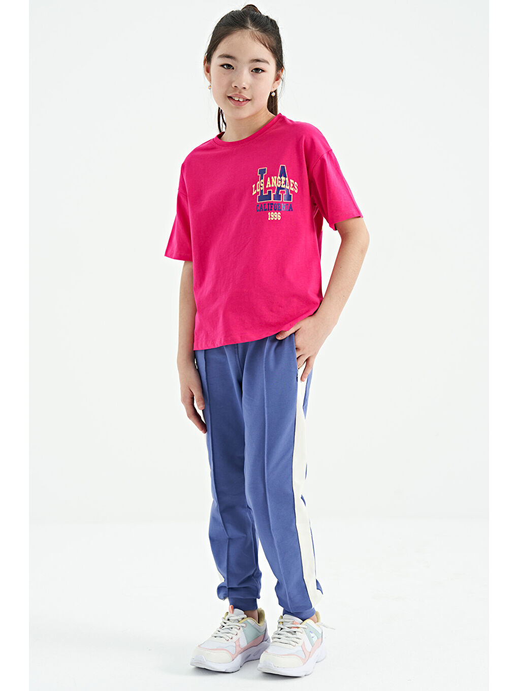 Fuşya Ön Arka Baskılı O Yaka Oversize Kısa Kollu Kız Çocuk Tişört - 75127-6