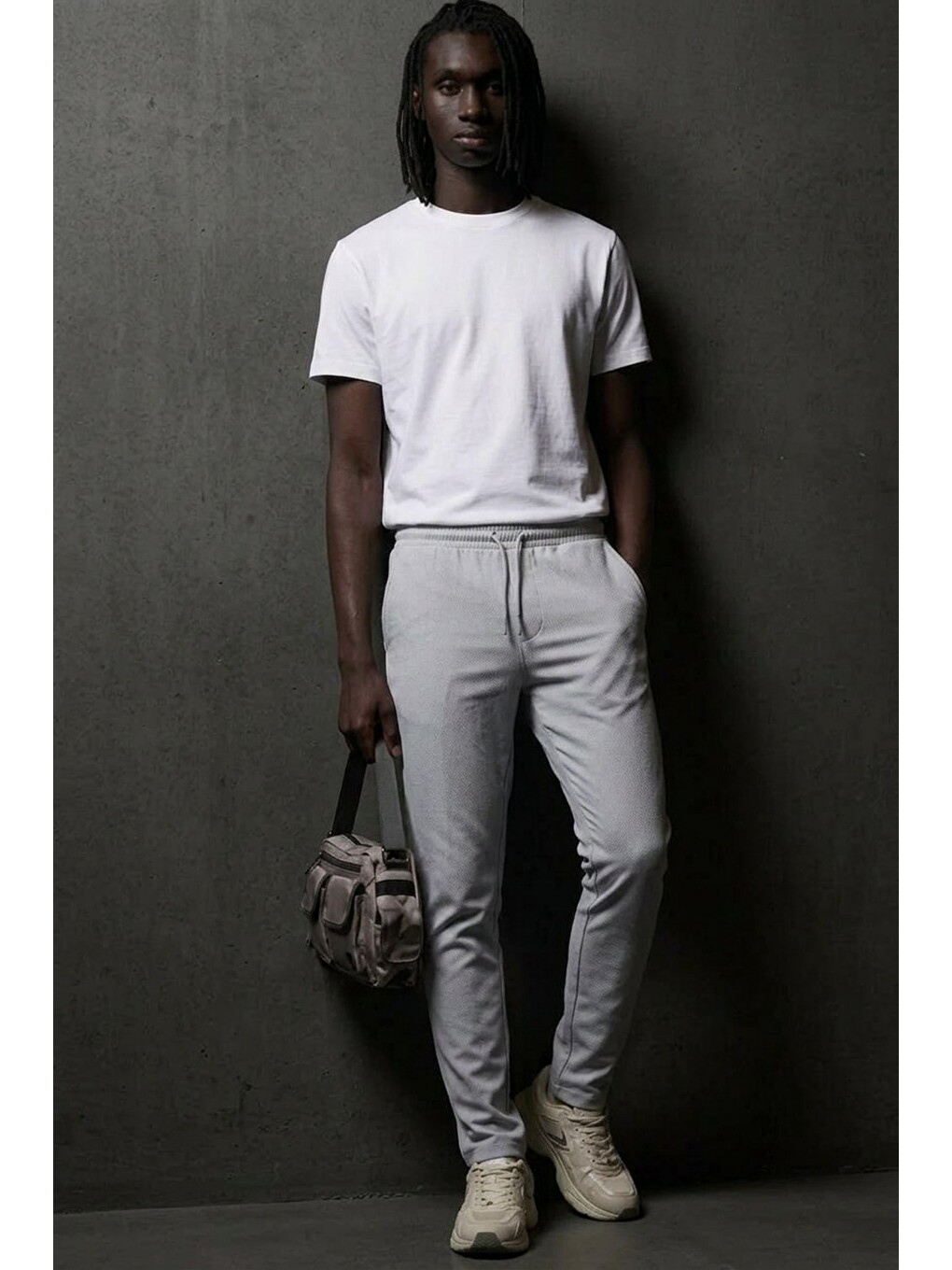 Beyaz Erkek Lastikli Cepli Straight Fit A.Gri Pantolon-2
