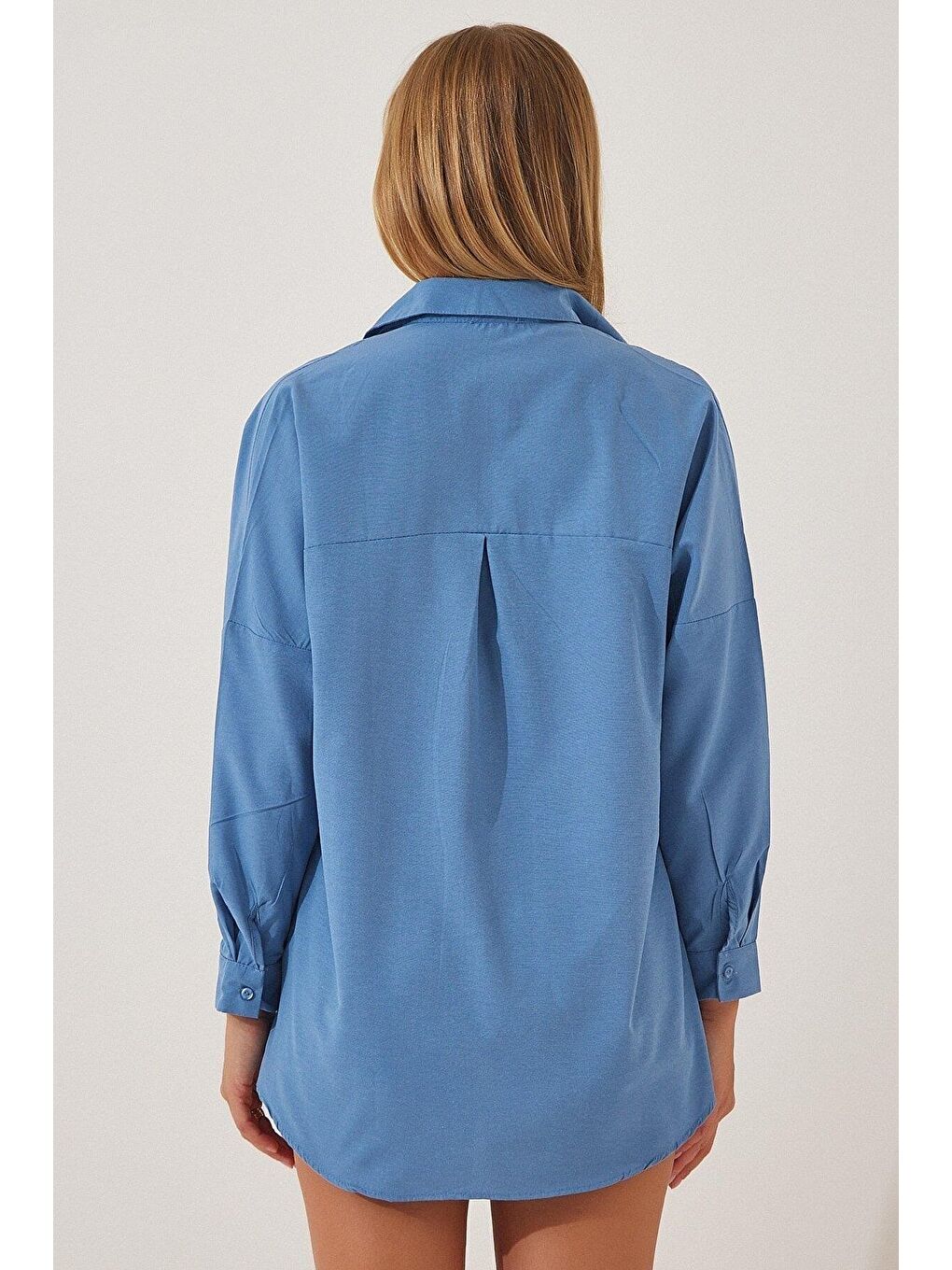 İndigo Kadın Oversize Uzun Basic Gömlek-1