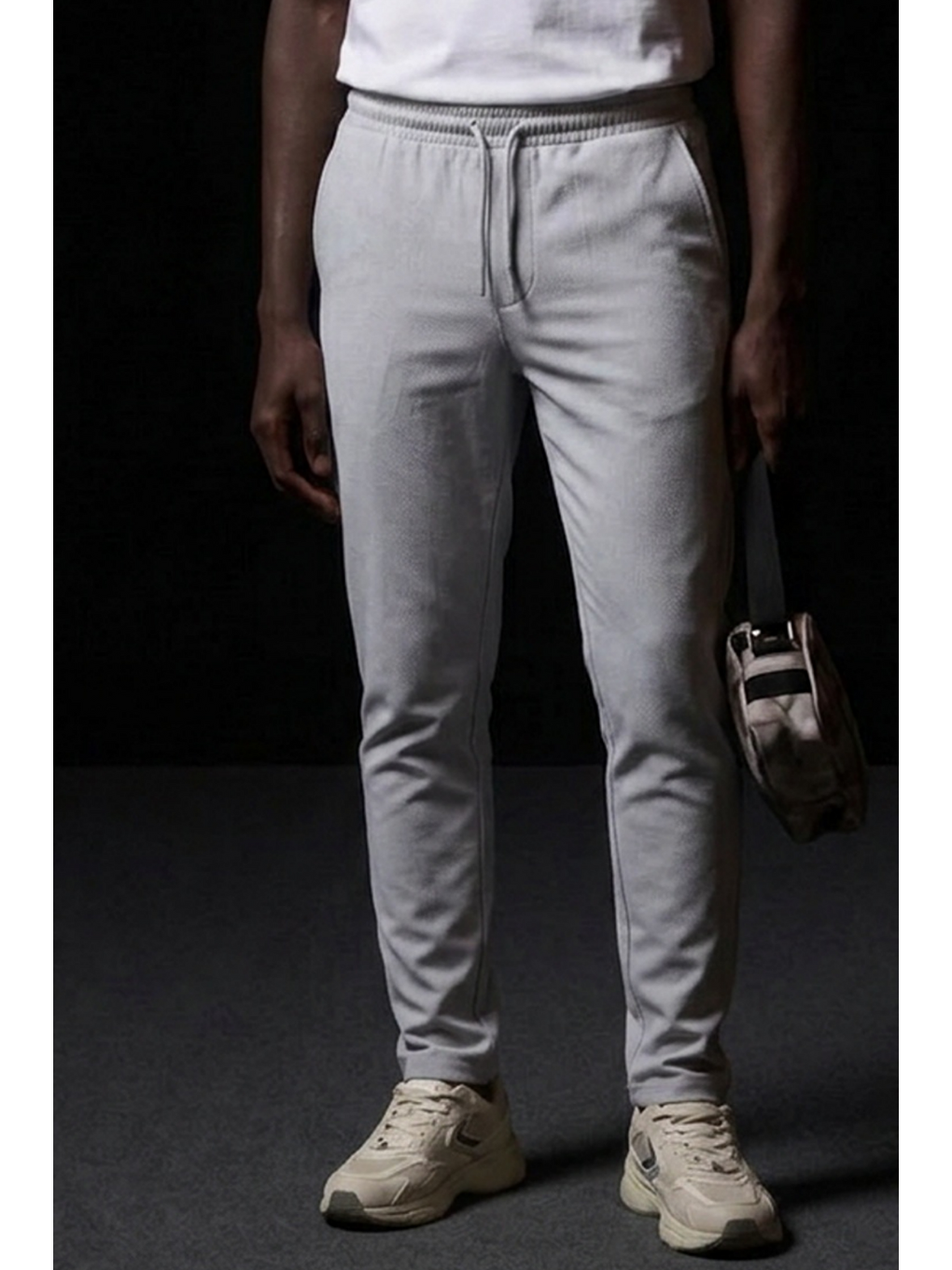 Beyaz Erkek Lastikli Cepli Straight Fit A.Gri Pantolon-4