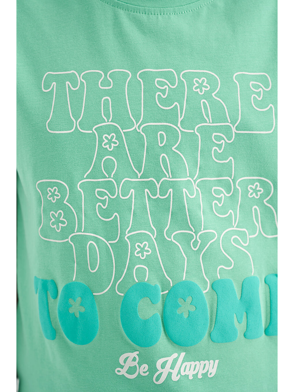 Turkuaz Su Yeşili O Yaka Yazı Baskılı Rahat Form Kısa Kollu Cropped Kız Çocuk Tişört - 75118-4