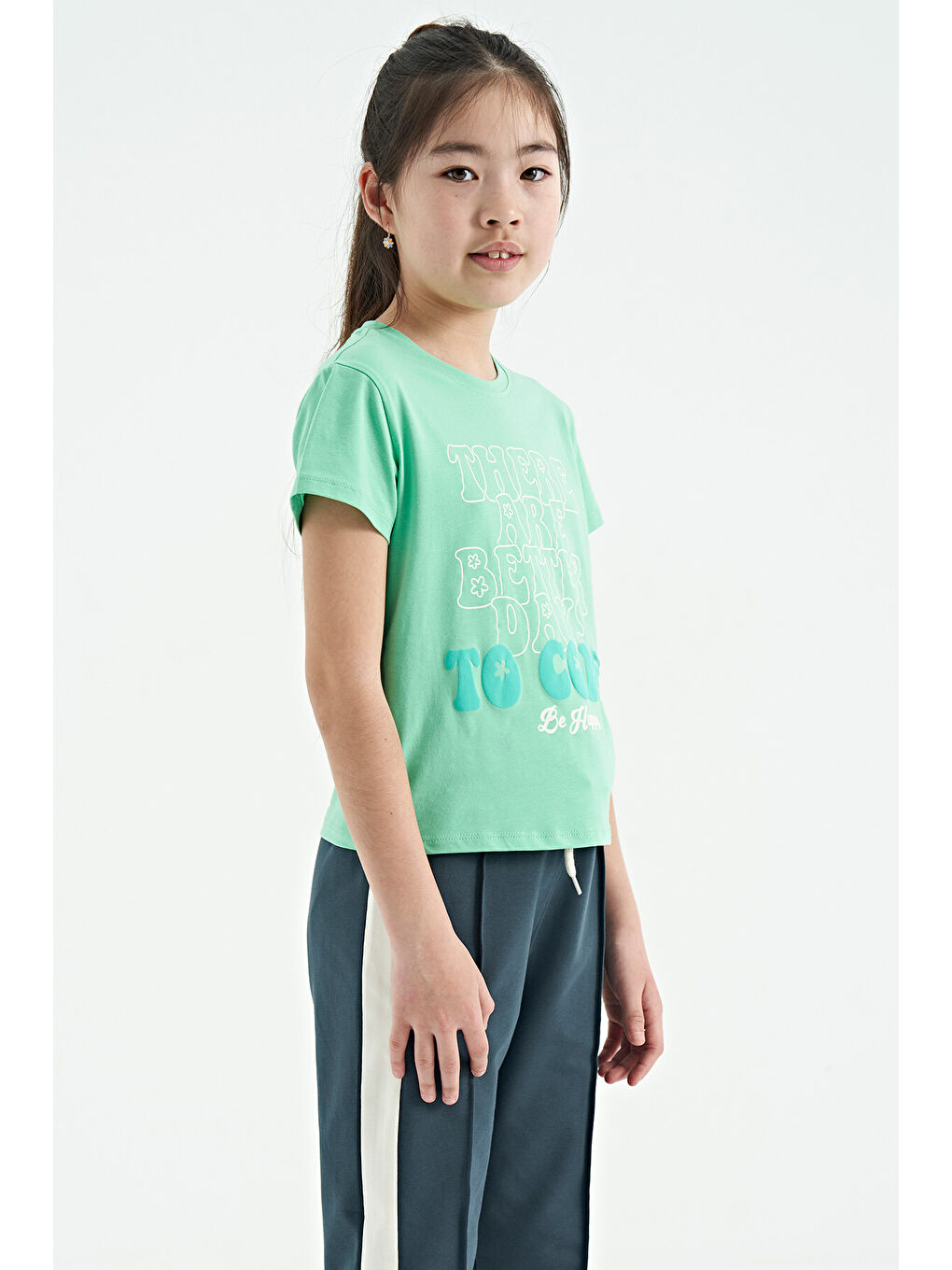 Turkuaz Su Yeşili O Yaka Yazı Baskılı Rahat Form Kısa Kollu Cropped Kız Çocuk Tişört - 75118-6