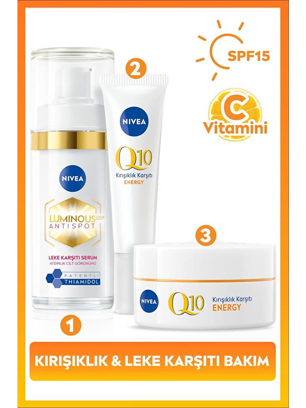 SPF15 Q10 Energy Gündüz Kremi 50ml, Luminous630 Thiamidol Etkili Leke Karşıtı Serum 30ml ve Göz Krem