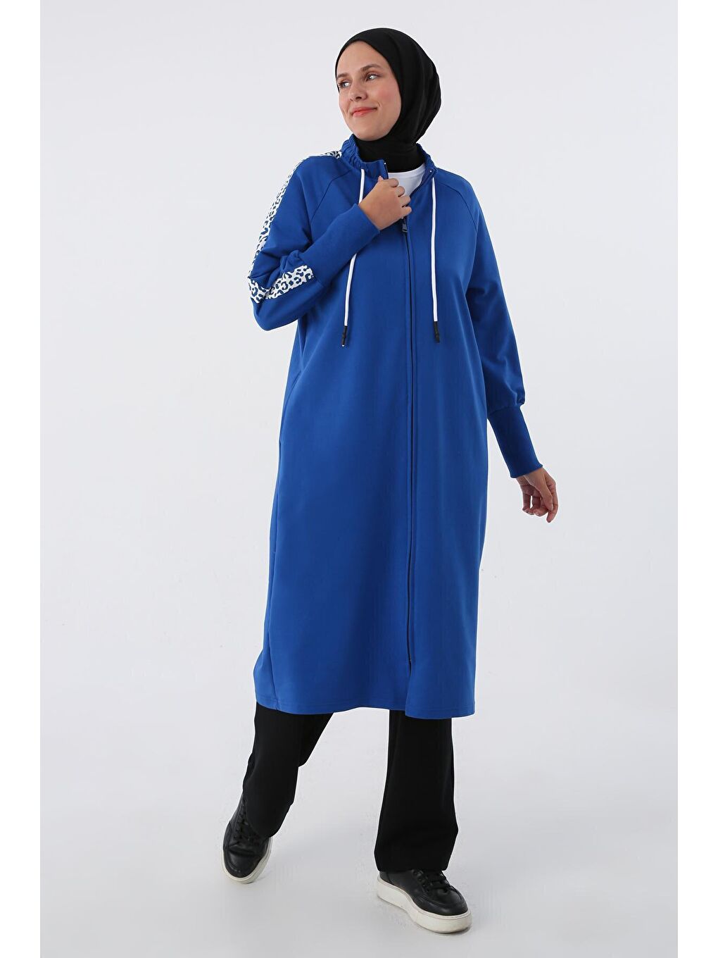 Mavi Saks Baskılı Garnili Yakası Lastikli Uzun Sweat Hırka-2