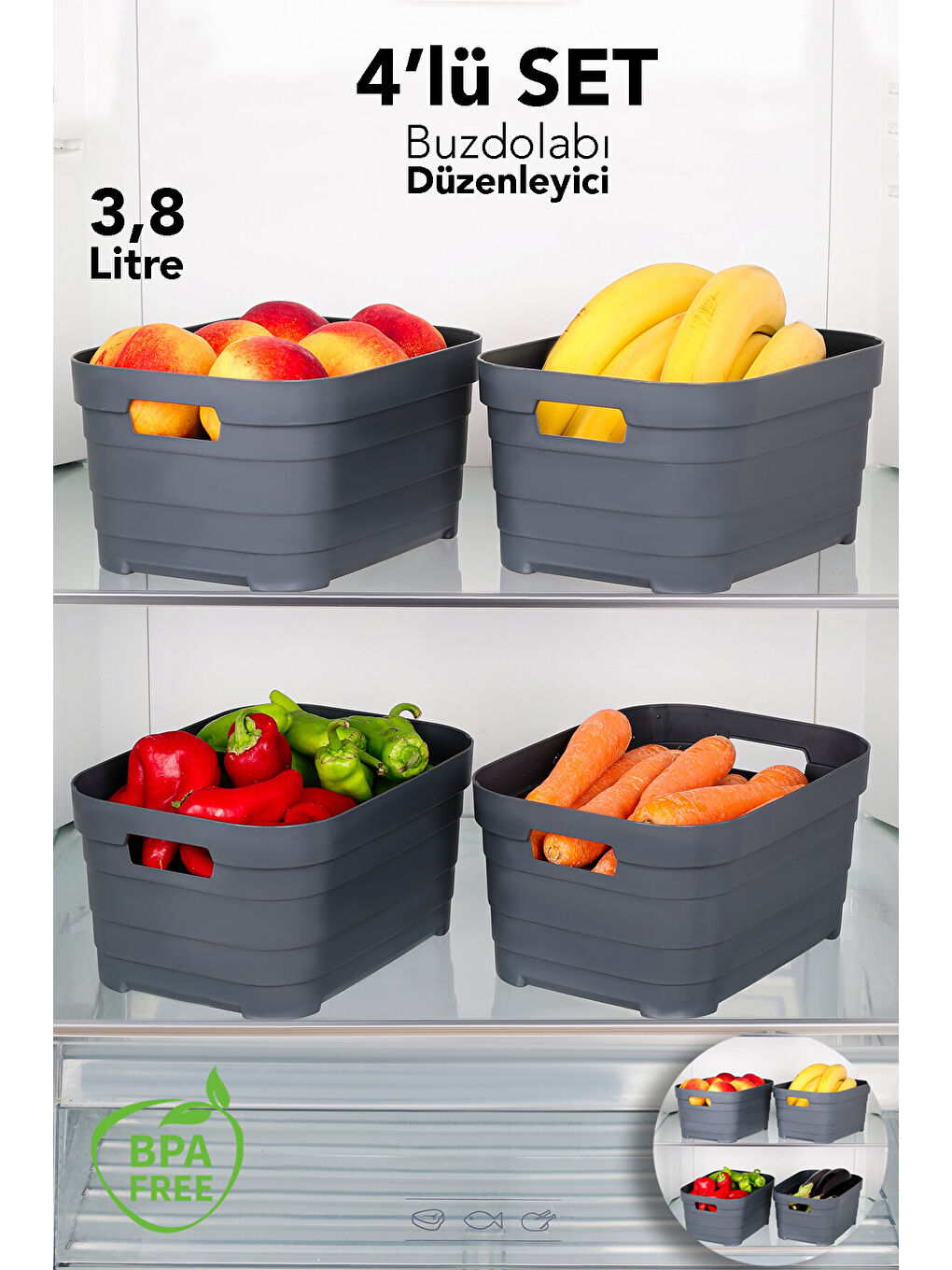 Antrasit 4'lü Buzdolabı Düzenleyici 3800 ml