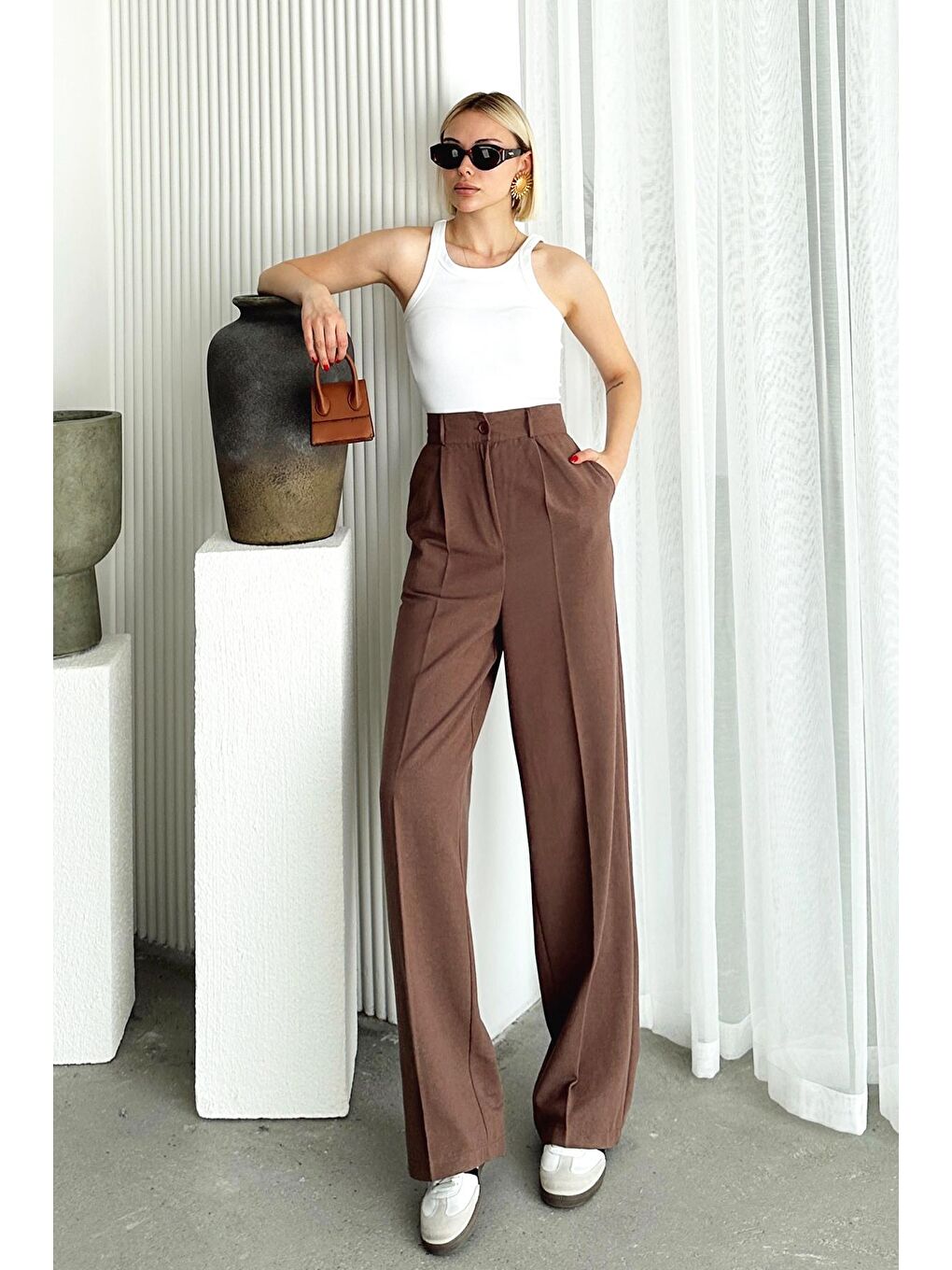 Bej Çift Cepli Pileli Keten Palazzo Pantolon