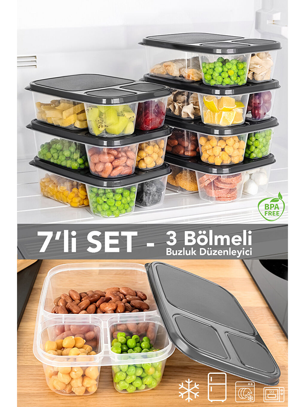 Renksiz 7'li Dikdörtgen 3 Bölmeli Saklama Kabı