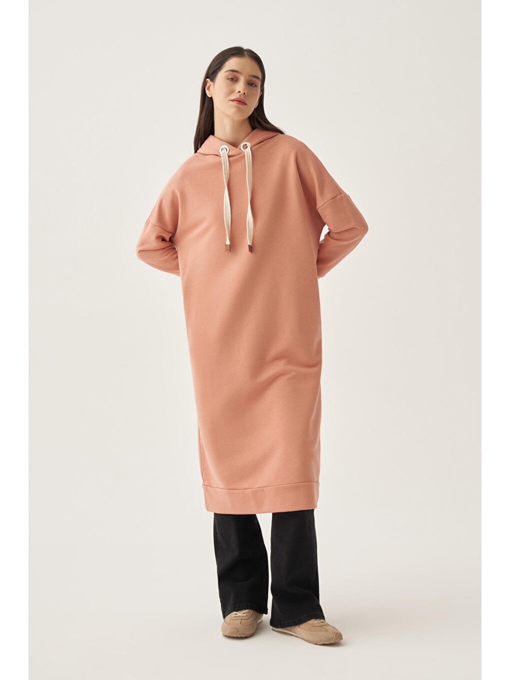 Pembe Somon-kuşgözlü Kapüşonlu Cepli Elastanlı Uzun Sweat