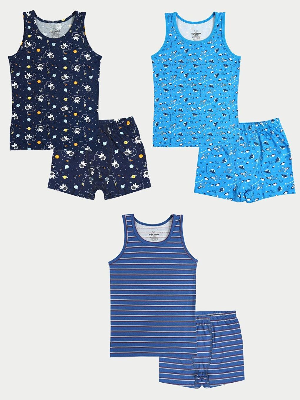 Erkek Çocuk Pamuklu 3'Lü Atlet 3'Lü Boxer Karışık Renk Space 6 Parça Set