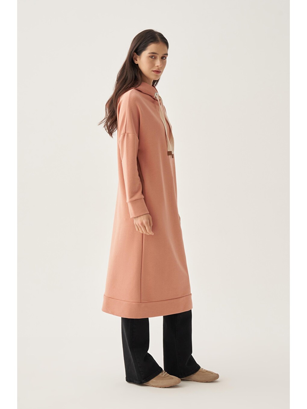 Pembe Somon-kuşgözlü Kapüşonlu Cepli Elastanlı Uzun Sweat-2