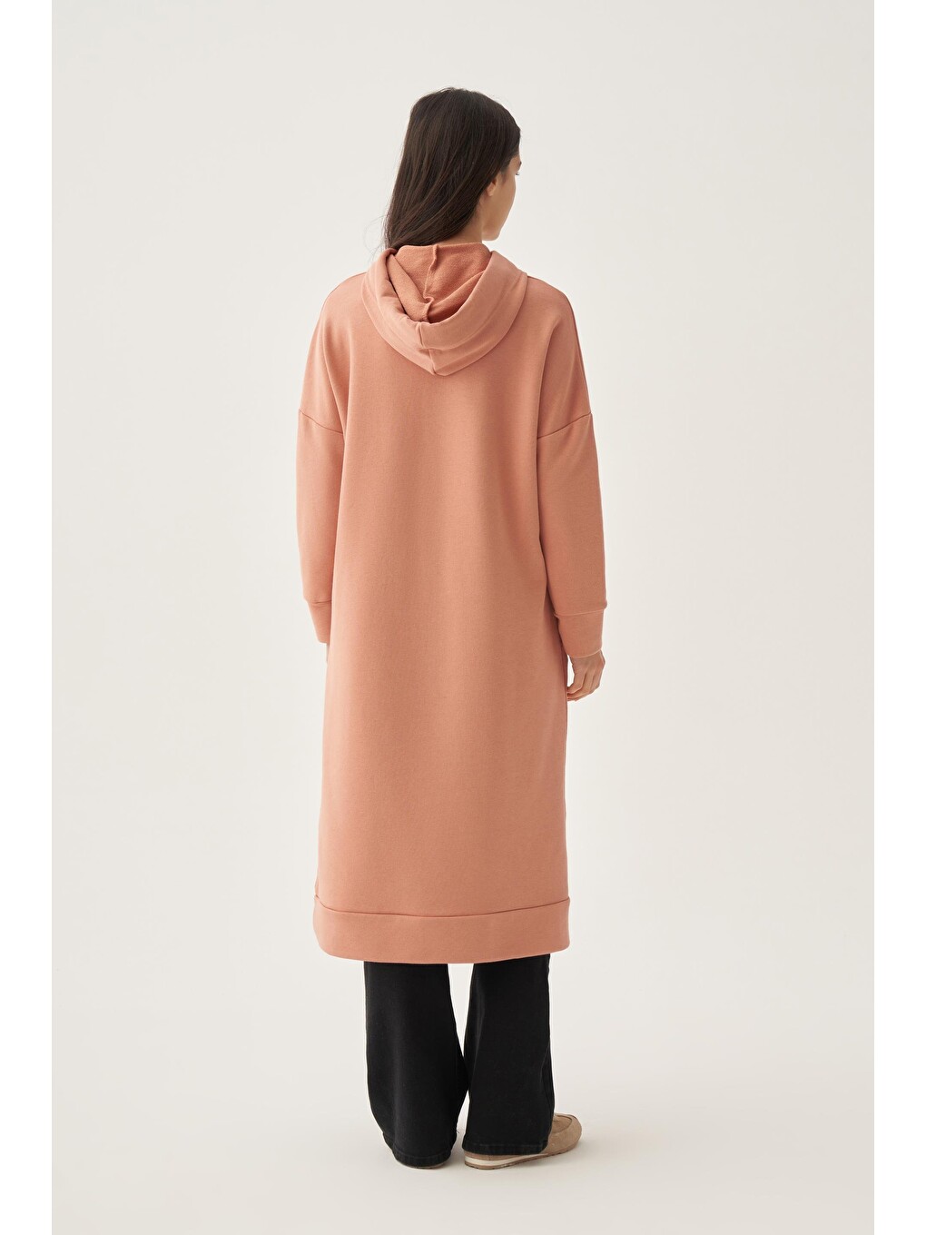 Pembe Somon-kuşgözlü Kapüşonlu Cepli Elastanlı Uzun Sweat-3