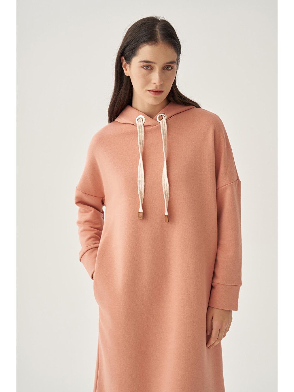 Pembe Somon-kuşgözlü Kapüşonlu Cepli Elastanlı Uzun Sweat-4
