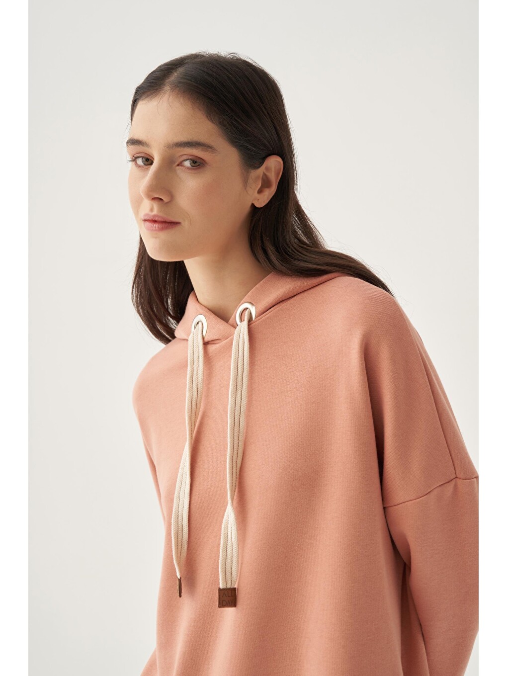 Pembe Somon-kuşgözlü Kapüşonlu Cepli Elastanlı Uzun Sweat-5