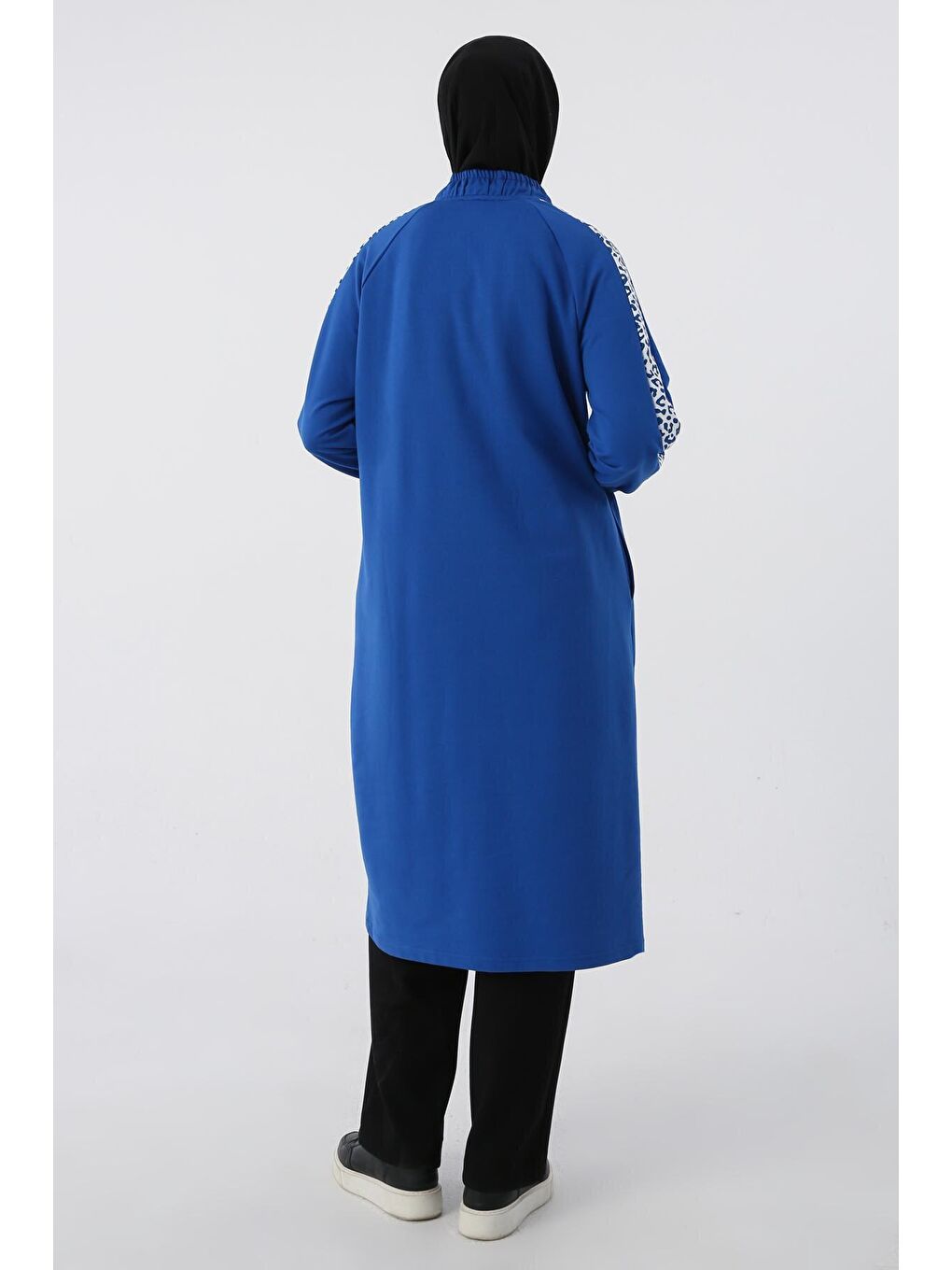 Mavi Saks Baskılı Garnili Yakası Lastikli Uzun Sweat Hırka-3