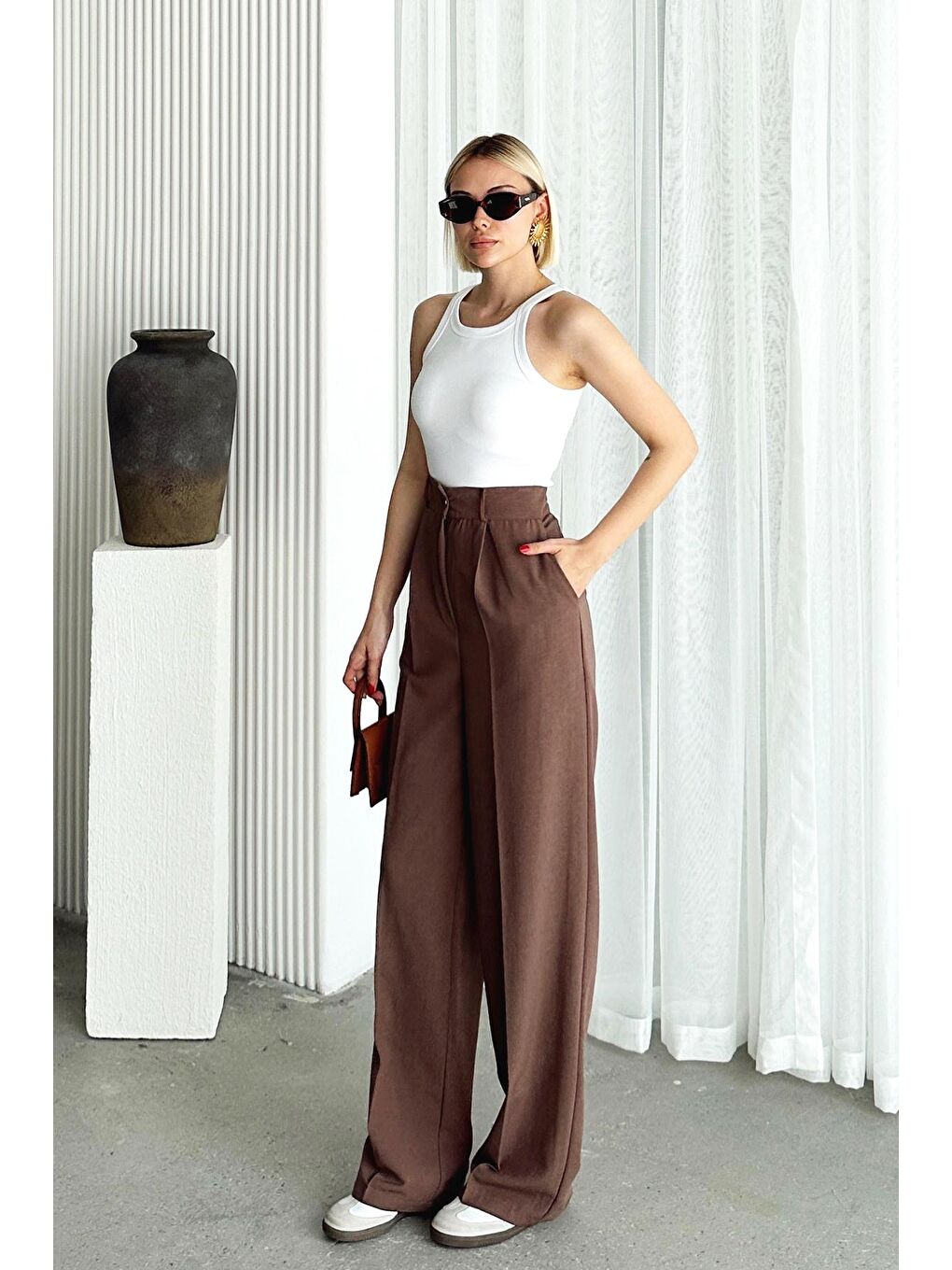 Bej Çift Cepli Pileli Keten Palazzo Pantolon-2