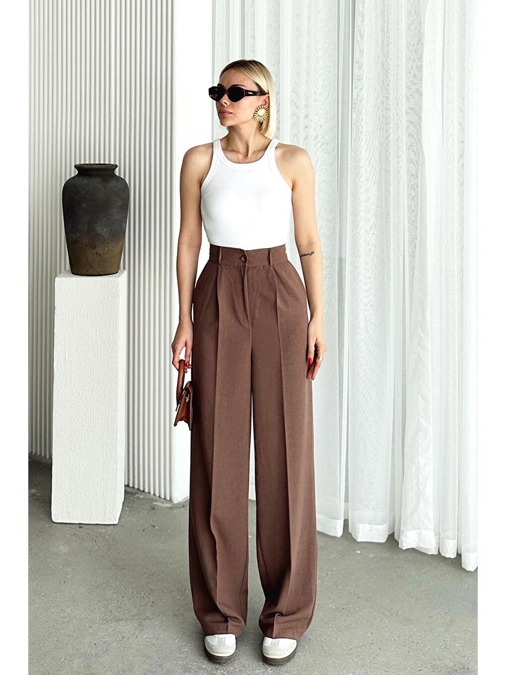 Bej Çift Cepli Pileli Keten Palazzo Pantolon-3