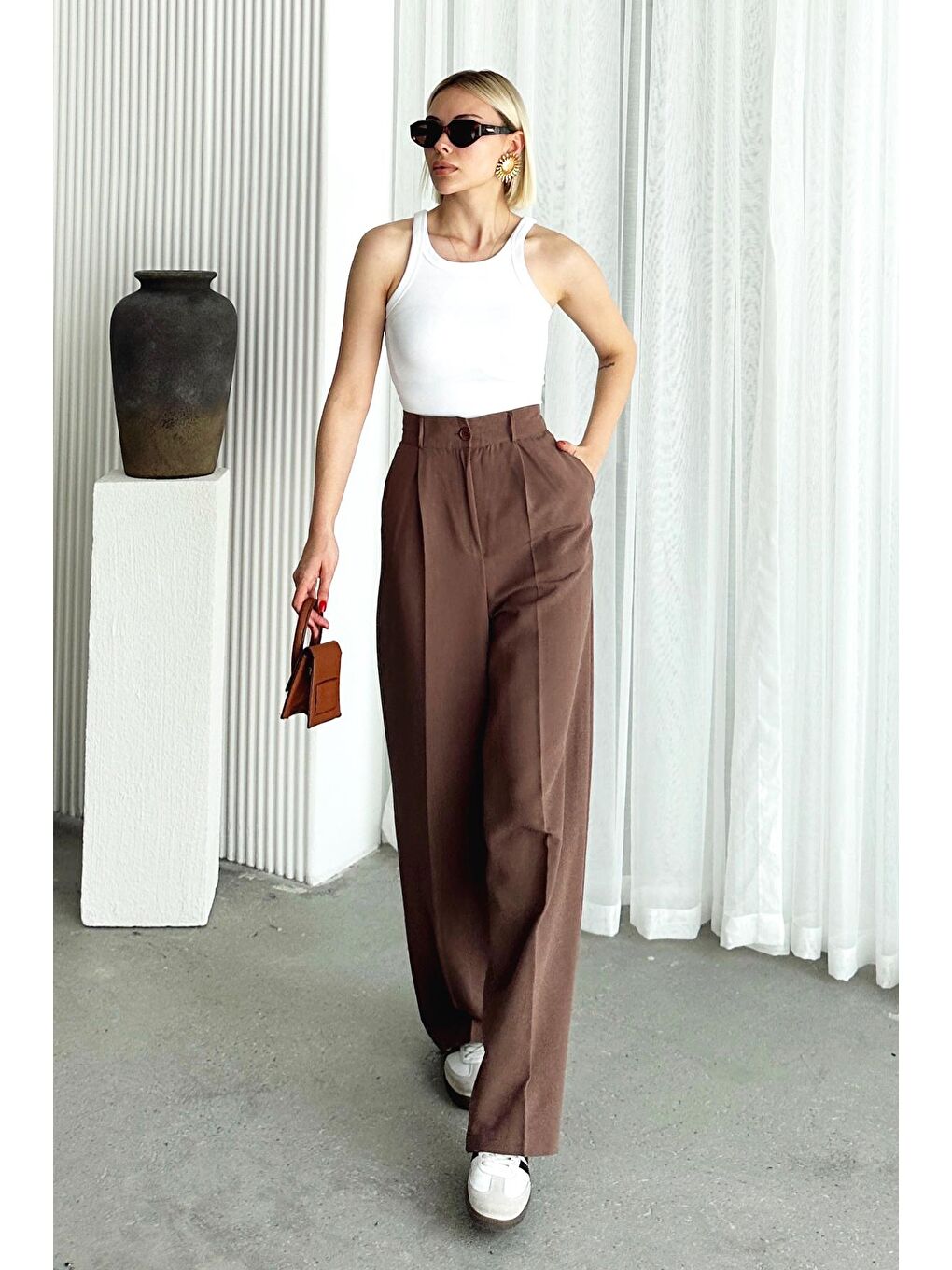 Bej Çift Cepli Pileli Keten Palazzo Pantolon-4