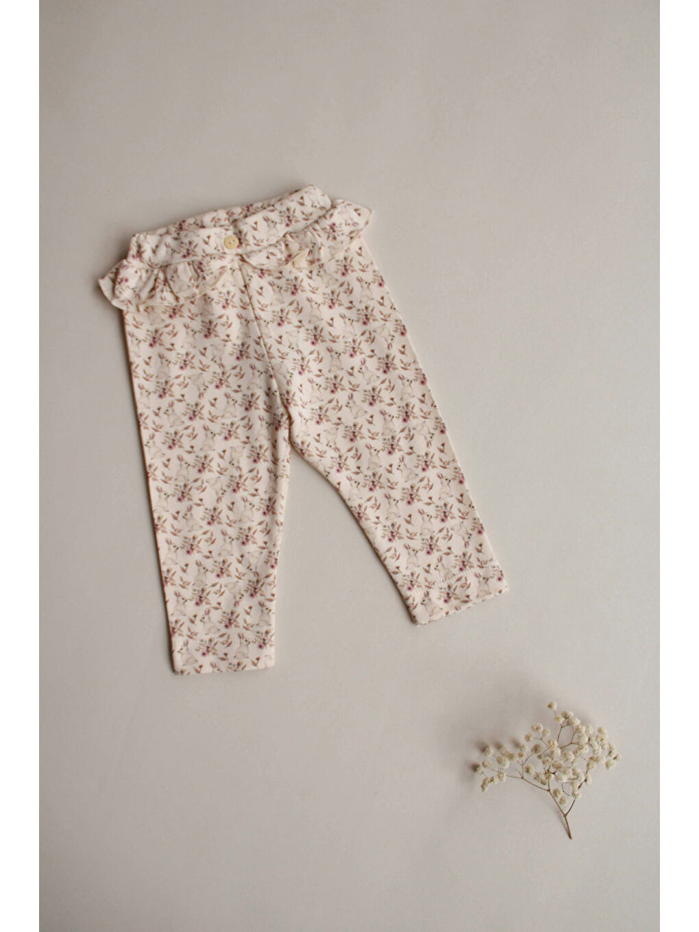 Bej Tavşan Baskılı Bel Fırfırlı Kız Bebek Tayt-1