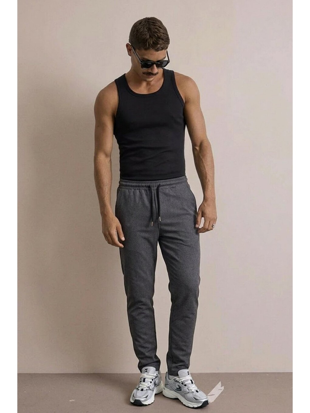 Gri Erkek Basic Trend Bel Lastikli Füme Bol Pantolon