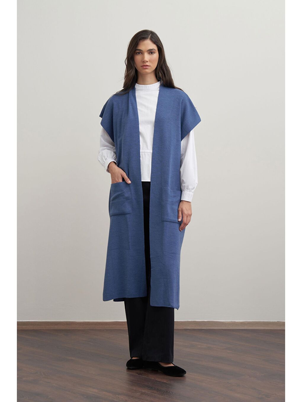 İndigo-Cepli Uzun Triko Yelek