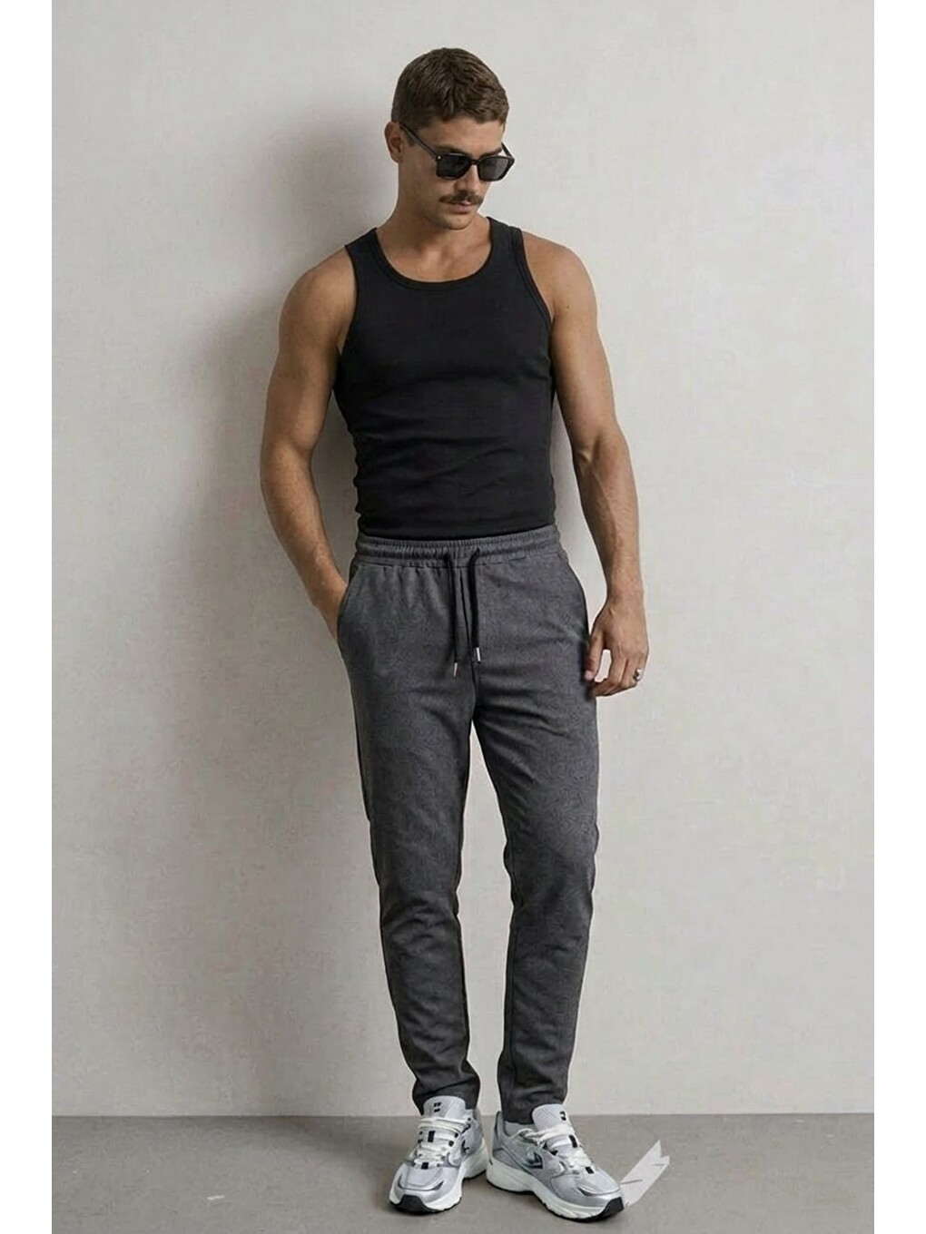 Gri Erkek Basic Trend Bel Lastikli Füme Bol Pantolon-3