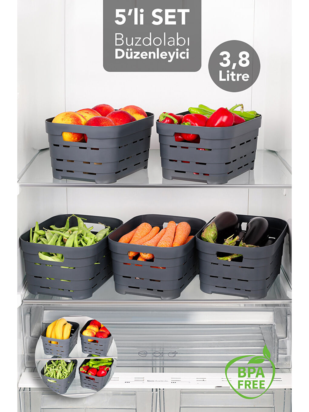 Antrasit 5 Adet Delikli Buzdolabı Düzenleyici 3,8 l