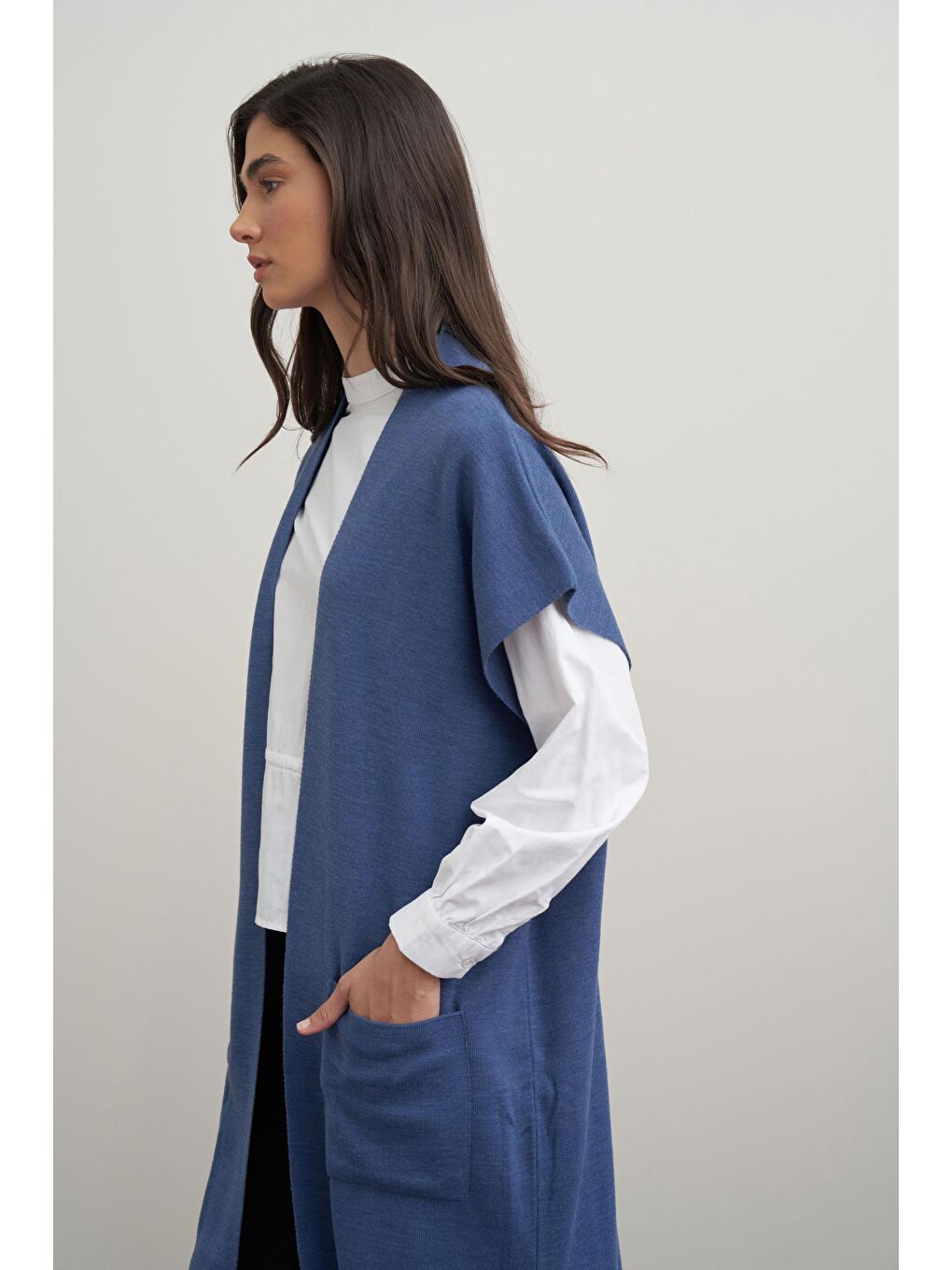 İndigo-Cepli Uzun Triko Yelek-3