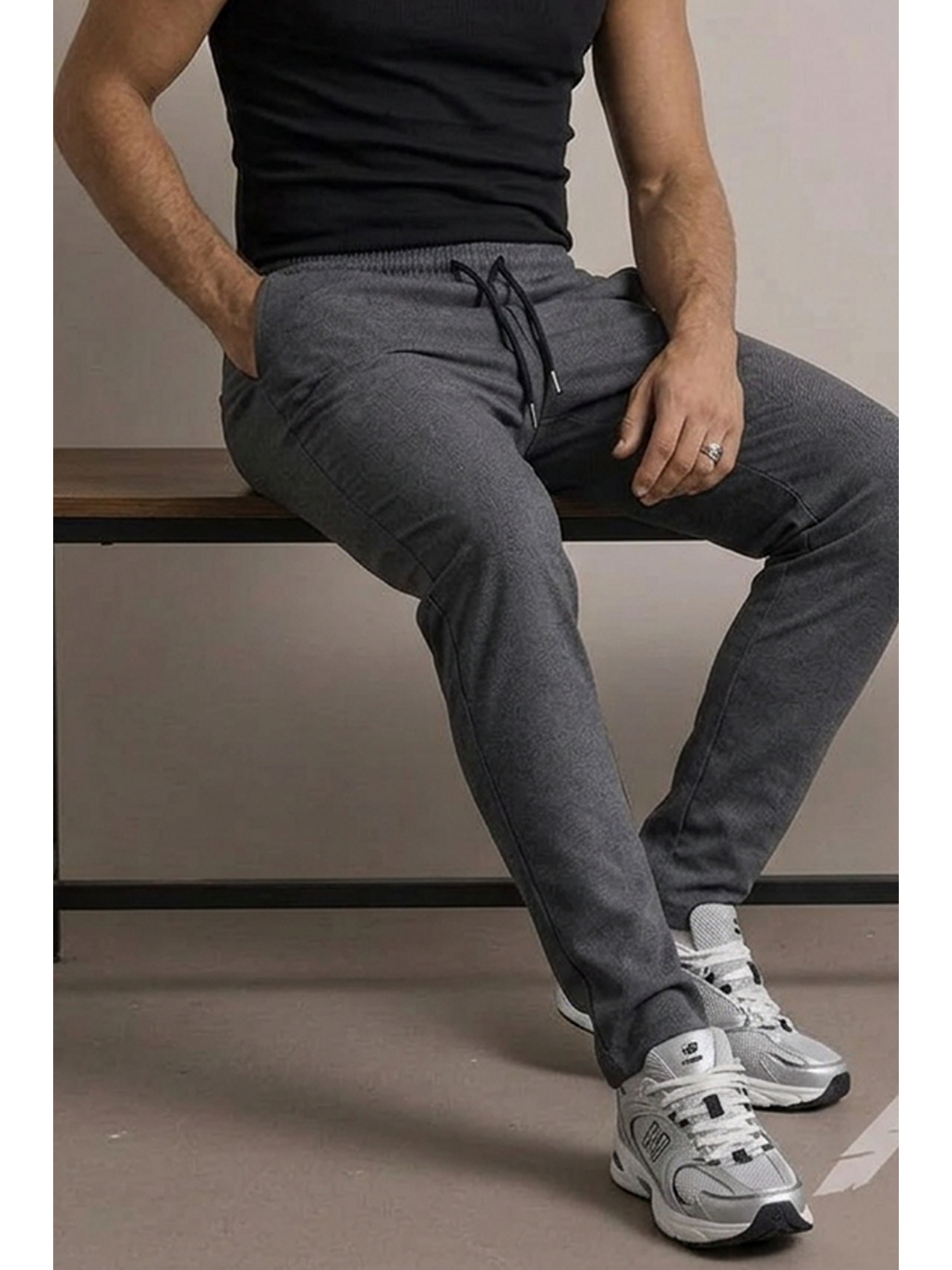 Gri Erkek Basic Trend Bel Lastikli Füme Bol Pantolon-5