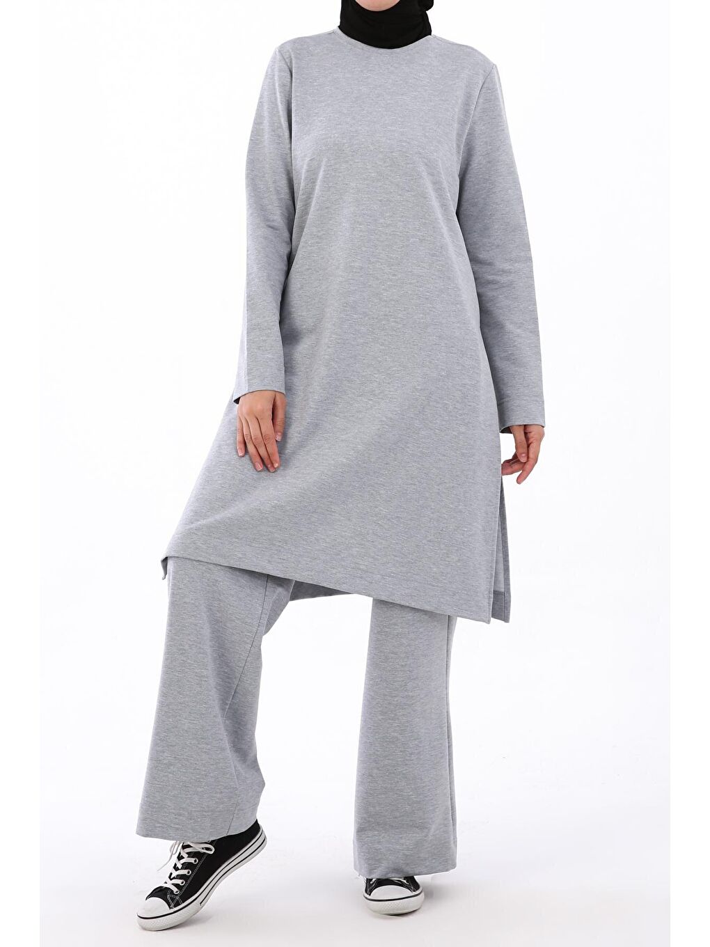 Gri Melanj Yanları Yırtmaçlı Pantolonlu Cepli Takım