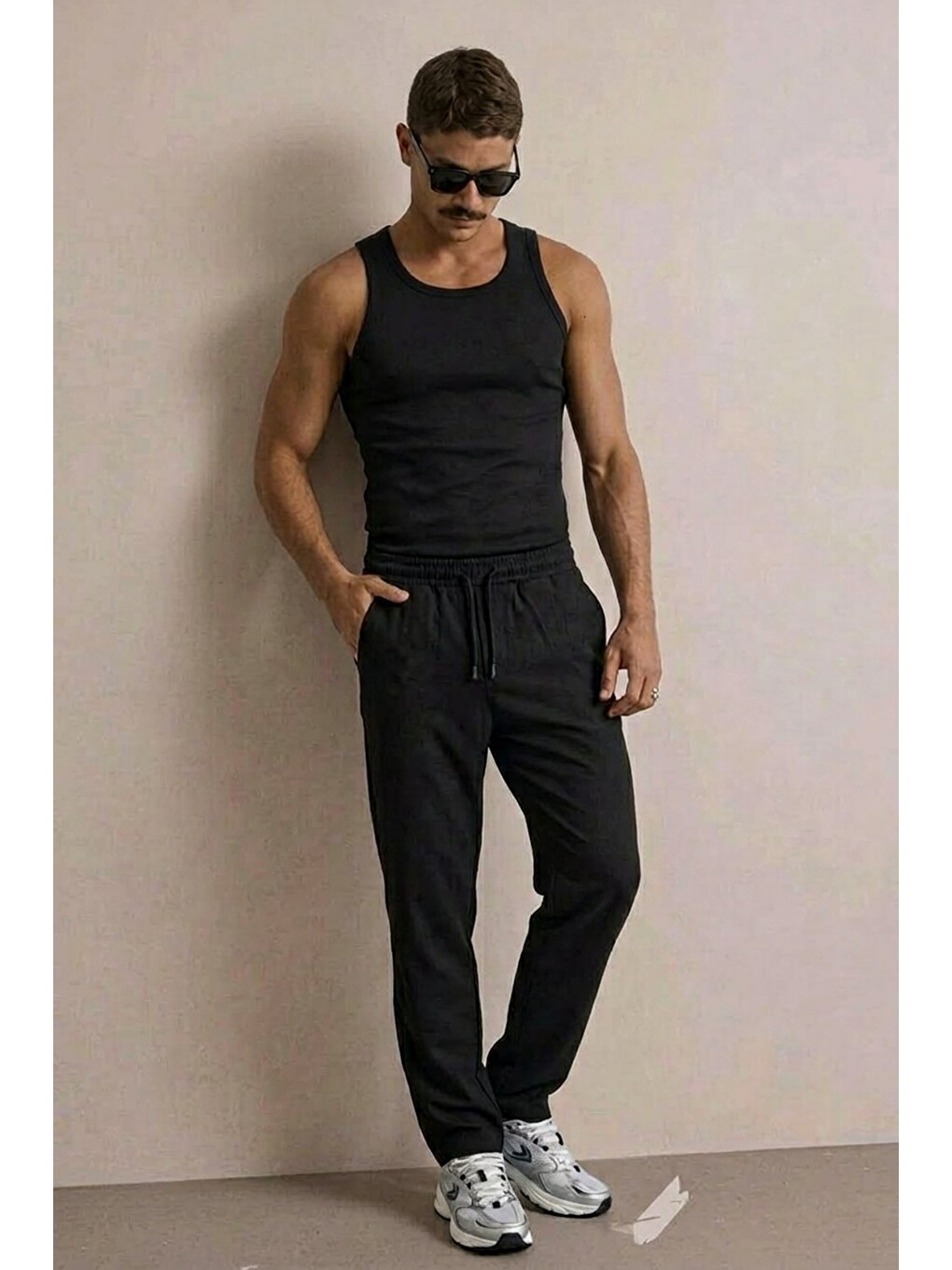 Erkek Basic Trend Bel Lastikli Siyah Bol Pantolon-2