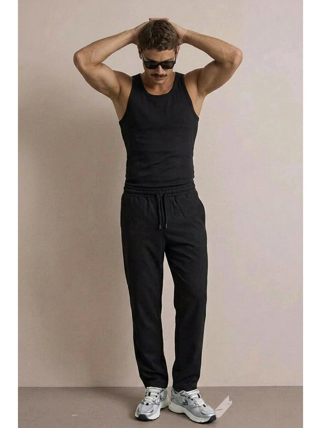 Erkek Basic Trend Bel Lastikli Siyah Bol Pantolon-3