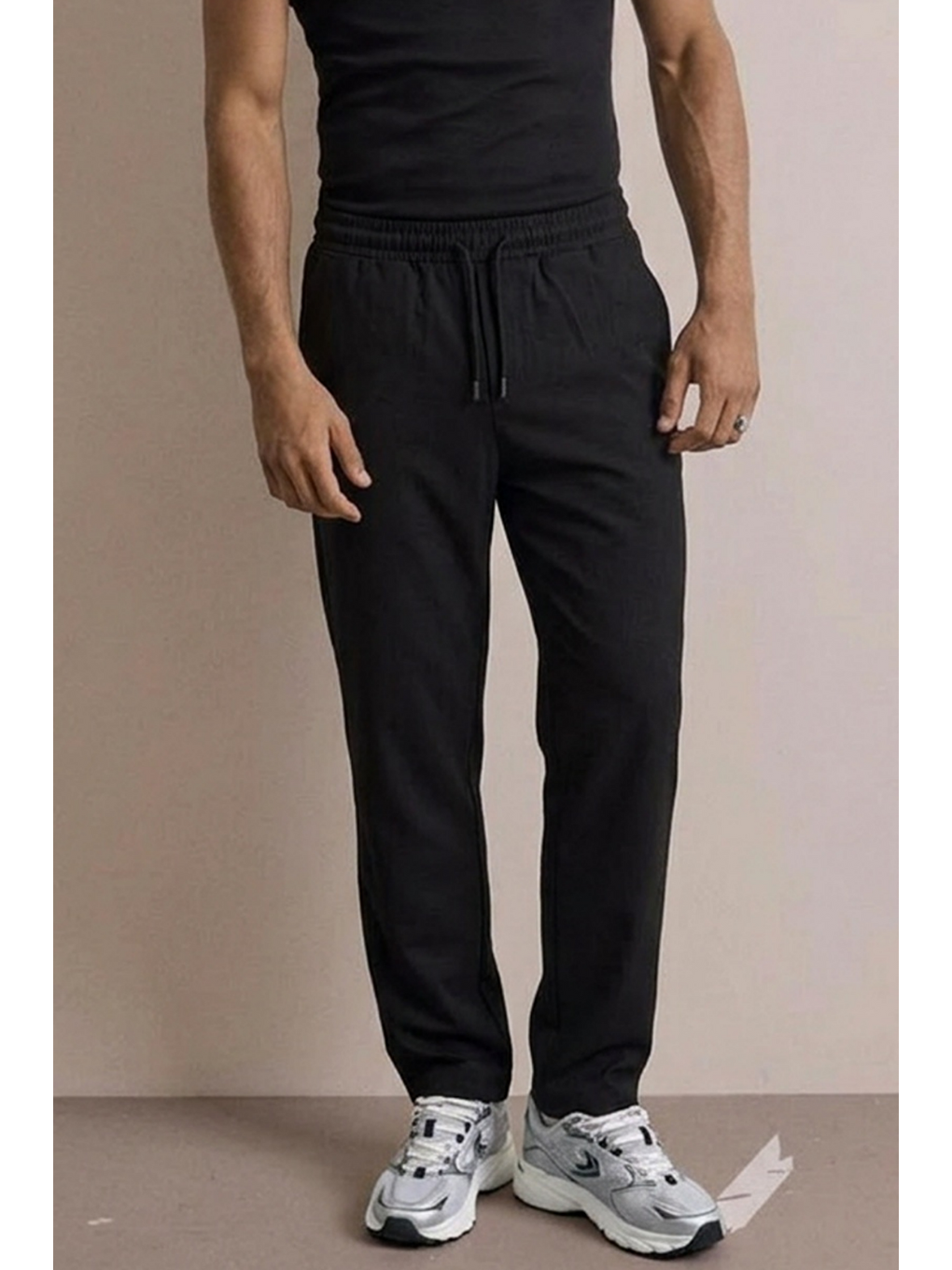 Erkek Basic Trend Bel Lastikli Siyah Bol Pantolon-4