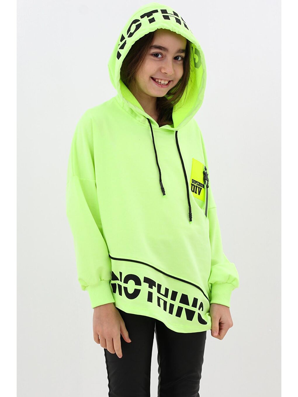 Sarı Kız Çocuk Div Yazı Baskılı Oversize Kapüşonlu Sweatshirt 14126