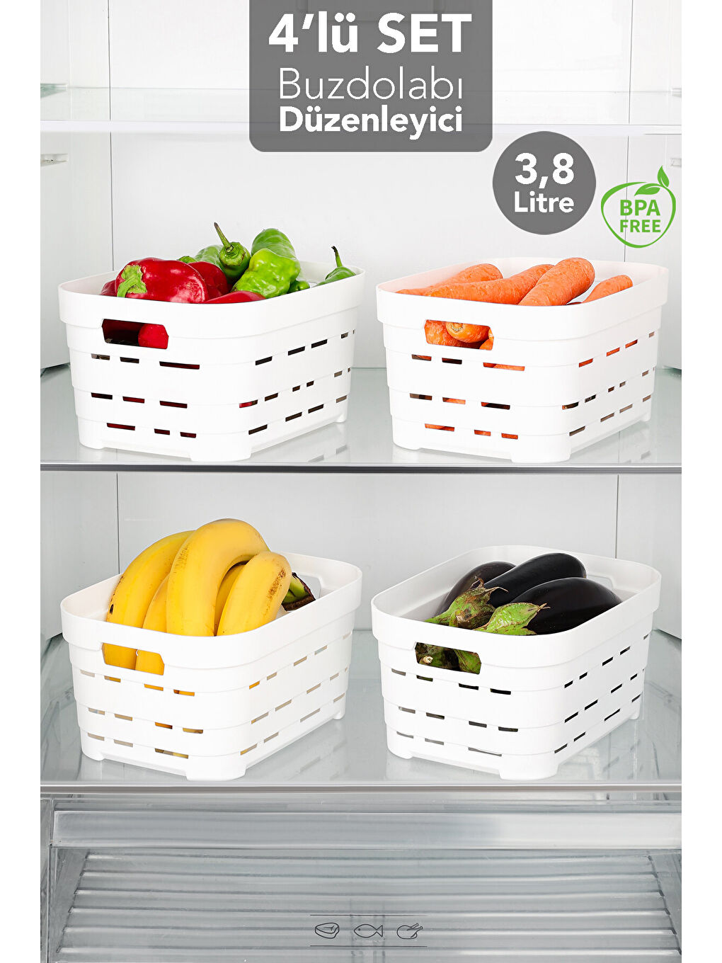 Beyaz 4 Adet Delikli Buzdolabı Düzenleyici 3,8 l