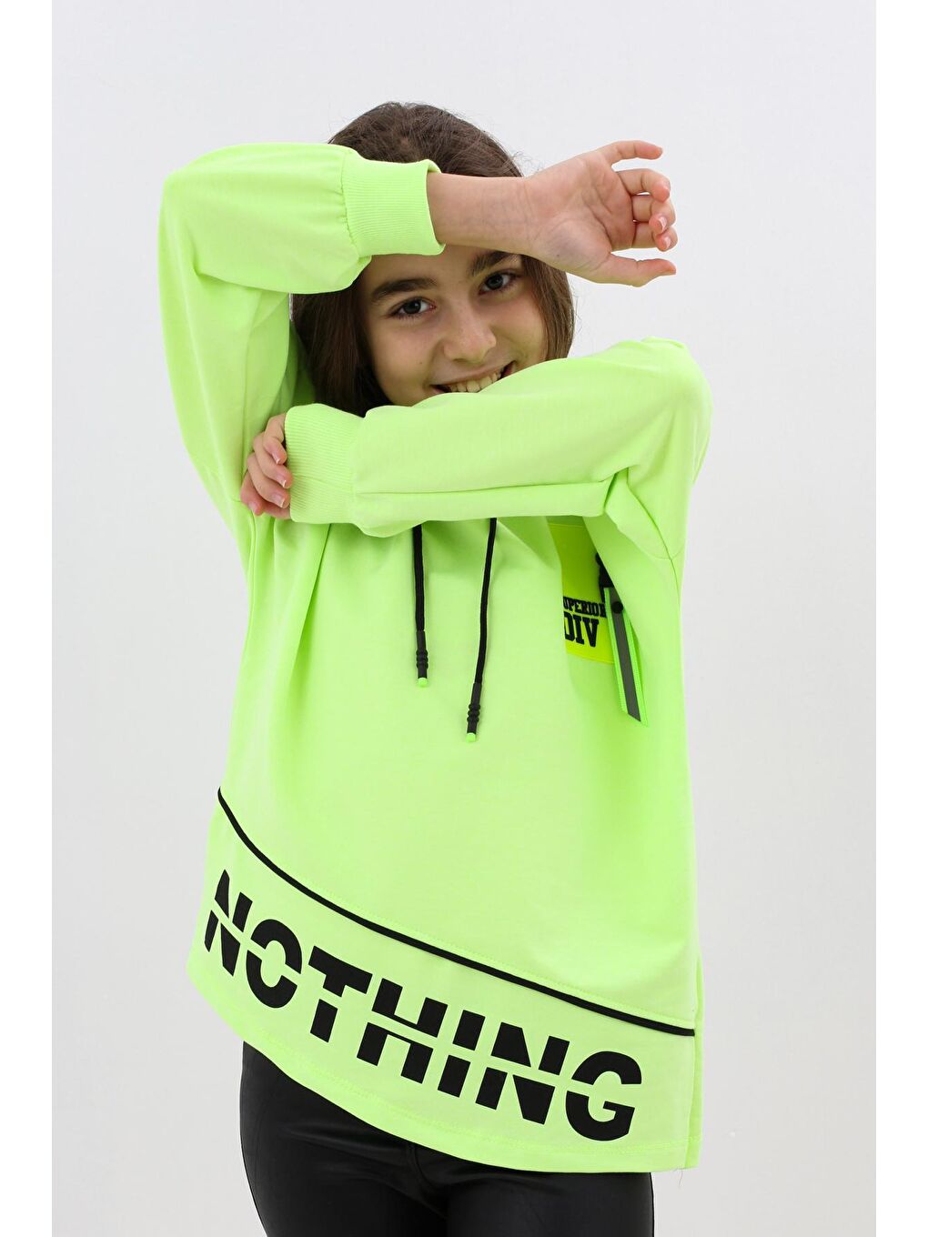 Sarı Kız Çocuk Div Yazı Baskılı Oversize Kapüşonlu Sweatshirt 14126-1