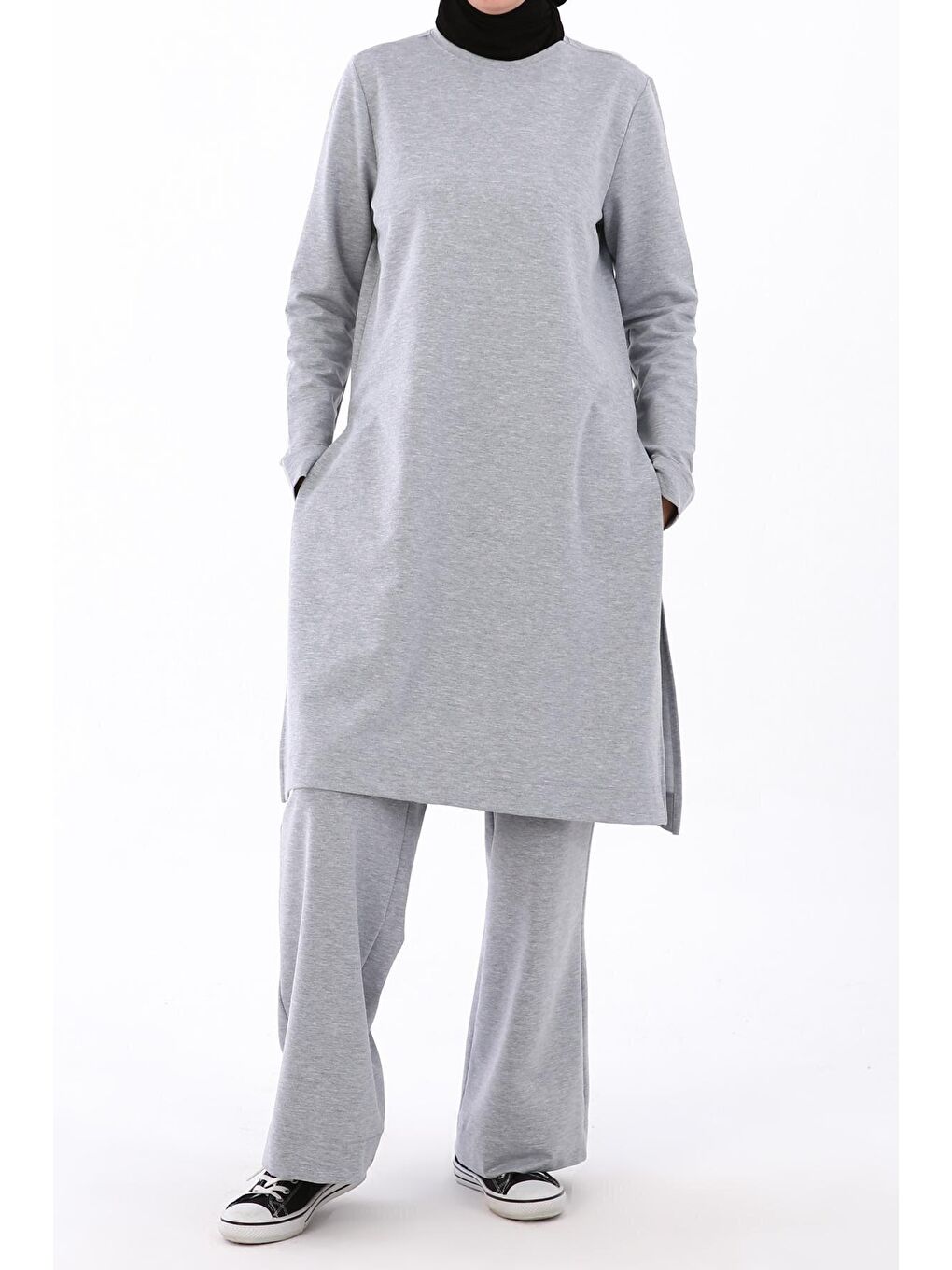 Gri Melanj Yanları Yırtmaçlı Pantolonlu Cepli Takım-1