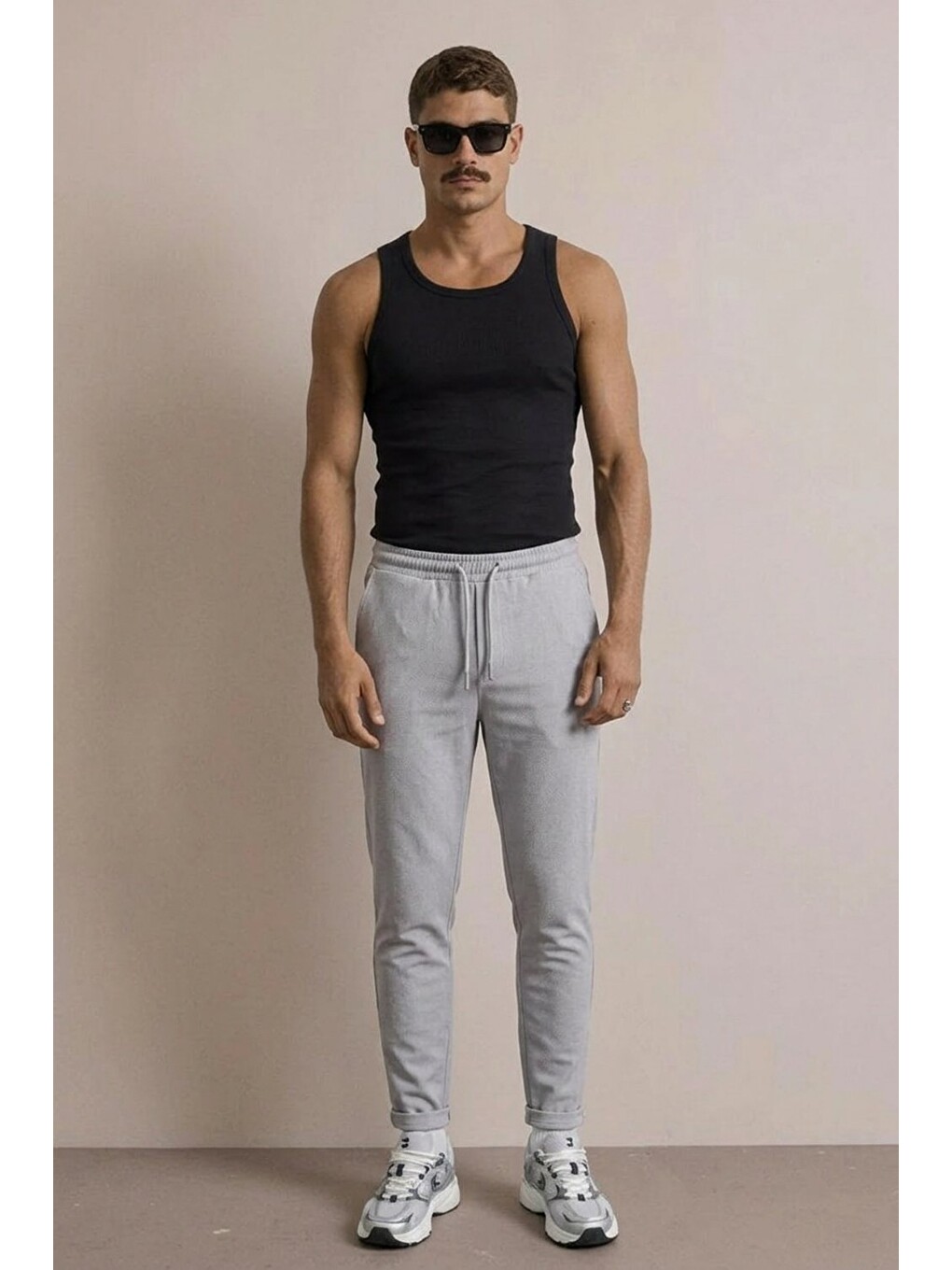 Beyaz Erkek Basic Trend Bel Lastikli A.Gri Bol Pantolon