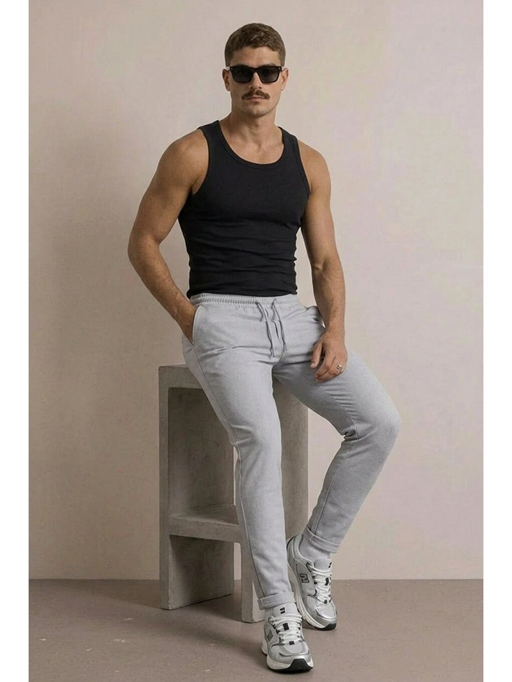 Beyaz Erkek Basic Trend Bel Lastikli A.Gri Bol Pantolon-1