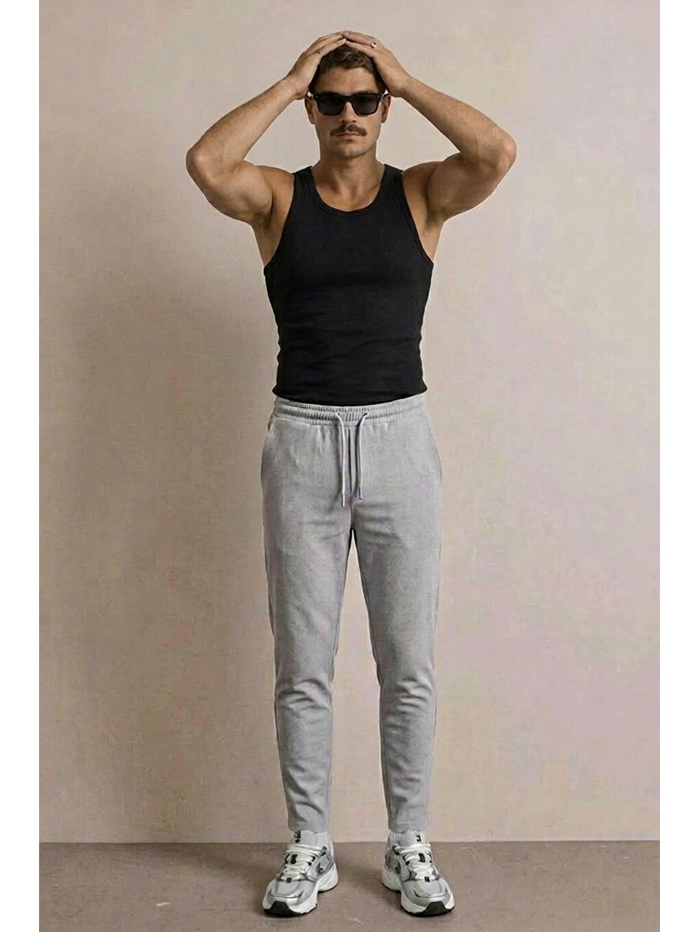 Beyaz Erkek Basic Trend Bel Lastikli A.Gri Bol Pantolon-3