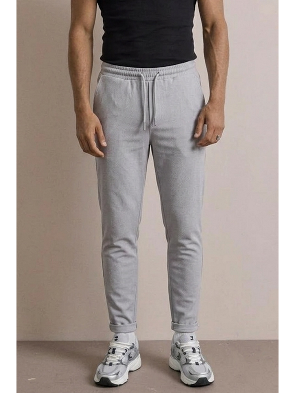 Beyaz Erkek Basic Trend Bel Lastikli A.Gri Bol Pantolon-4