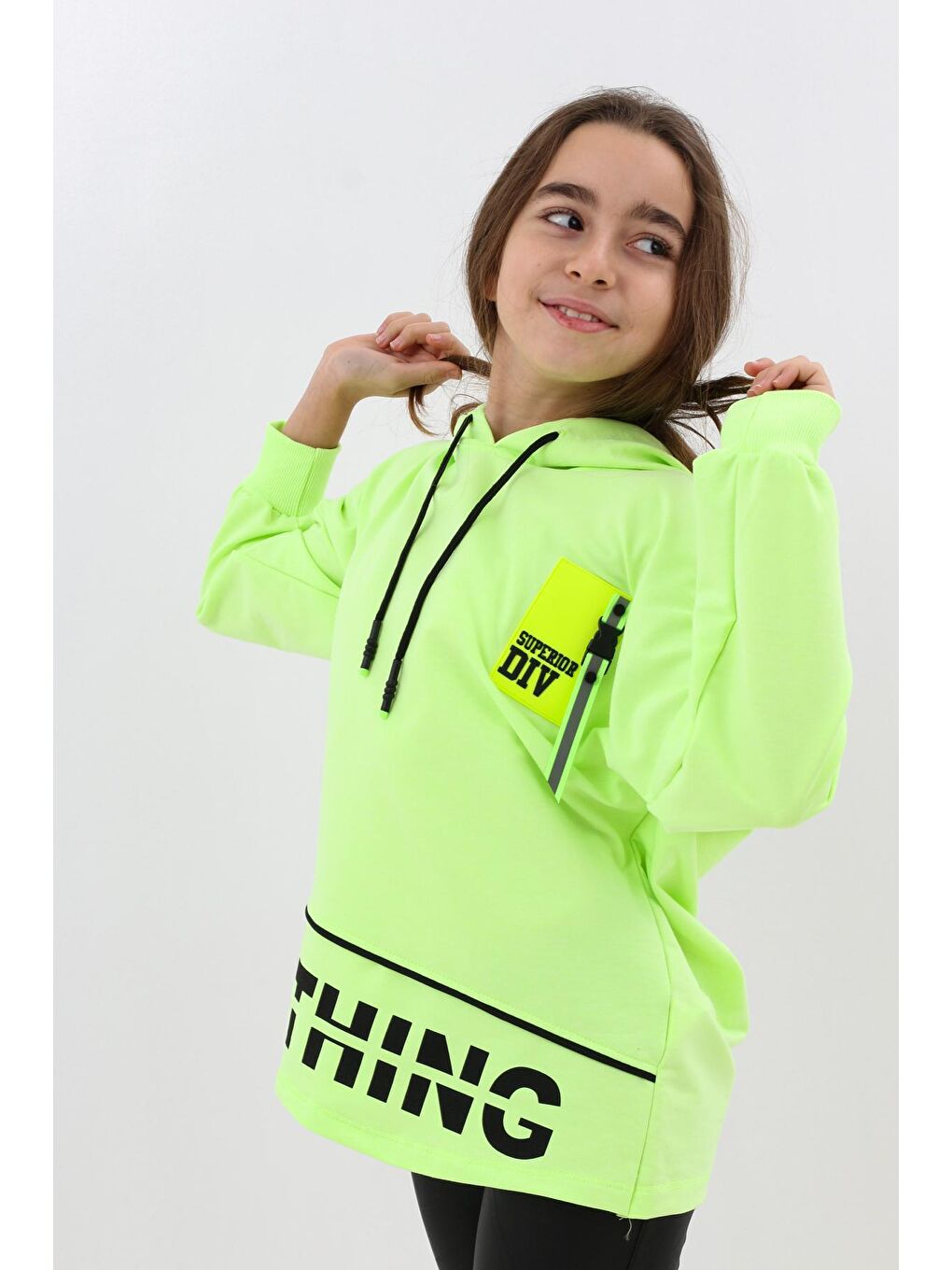 Sarı Kız Çocuk Div Yazı Baskılı Oversize Kapüşonlu Sweatshirt 14126-2