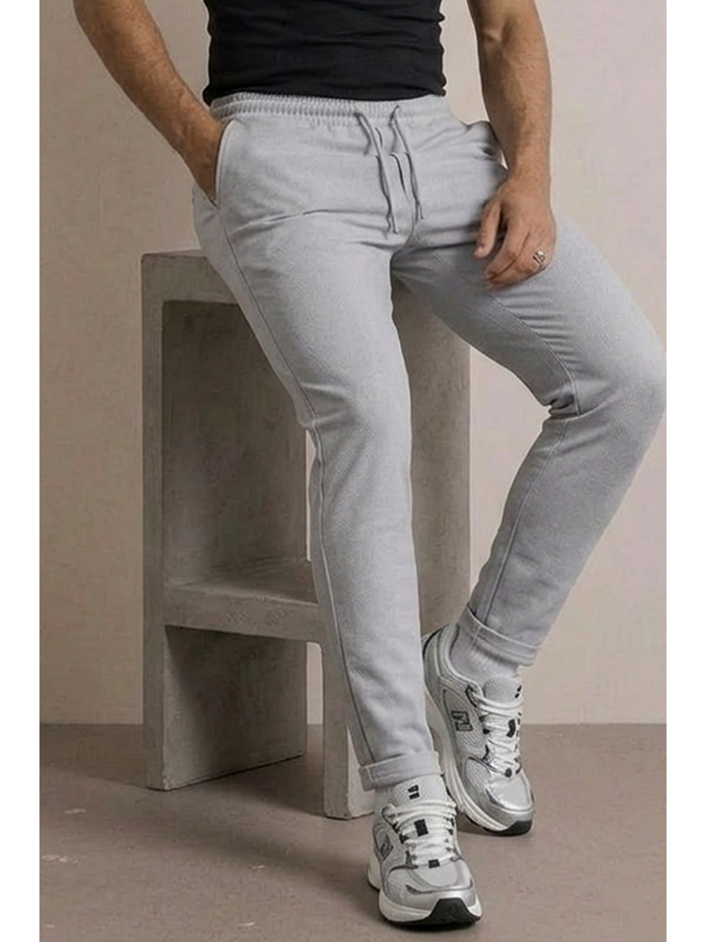 Beyaz Erkek Basic Trend Bel Lastikli A.Gri Bol Pantolon-5