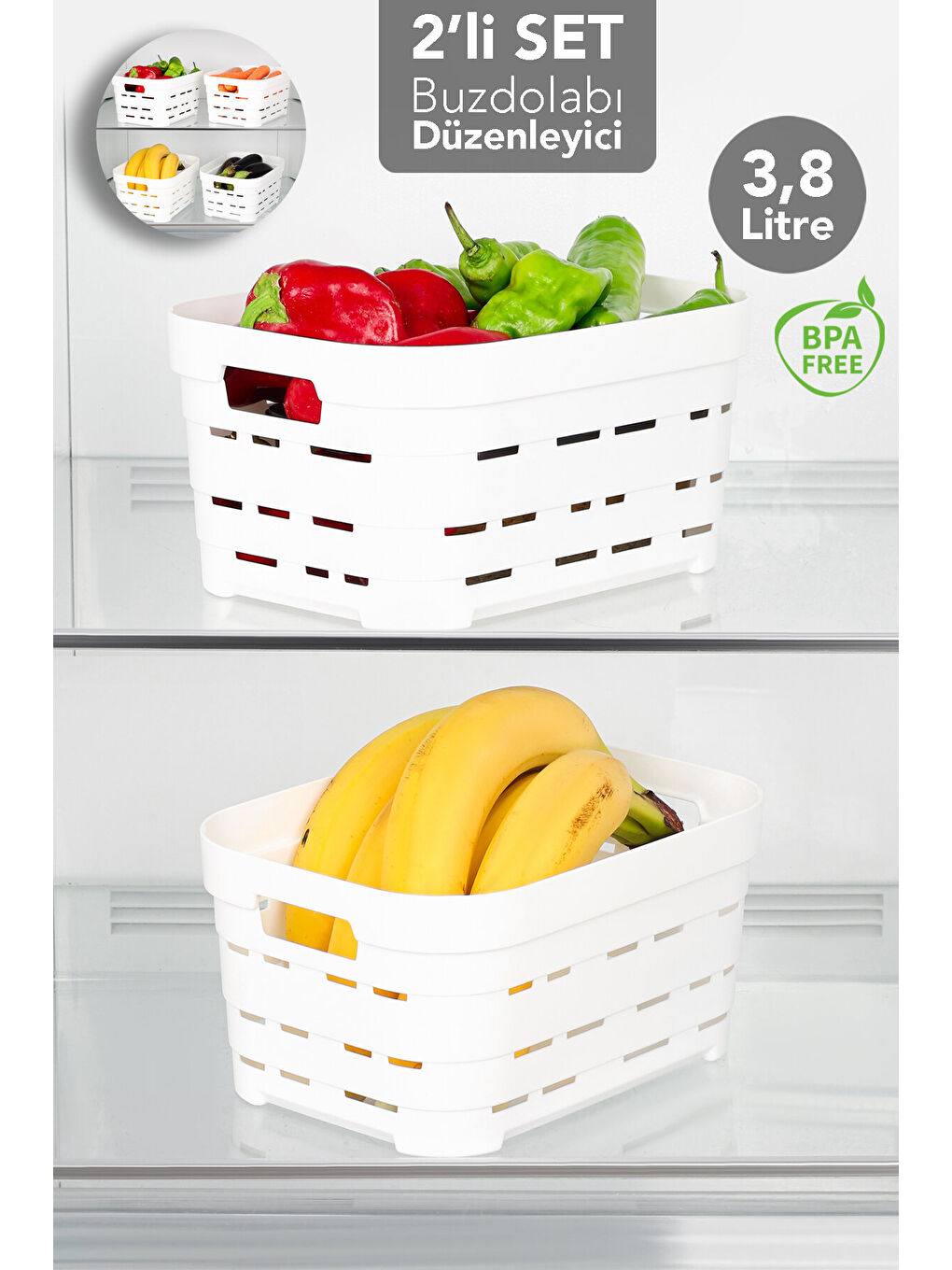 Beyaz 2 Adet Delikli Buzdolabı Düzenleyici 3,8 l