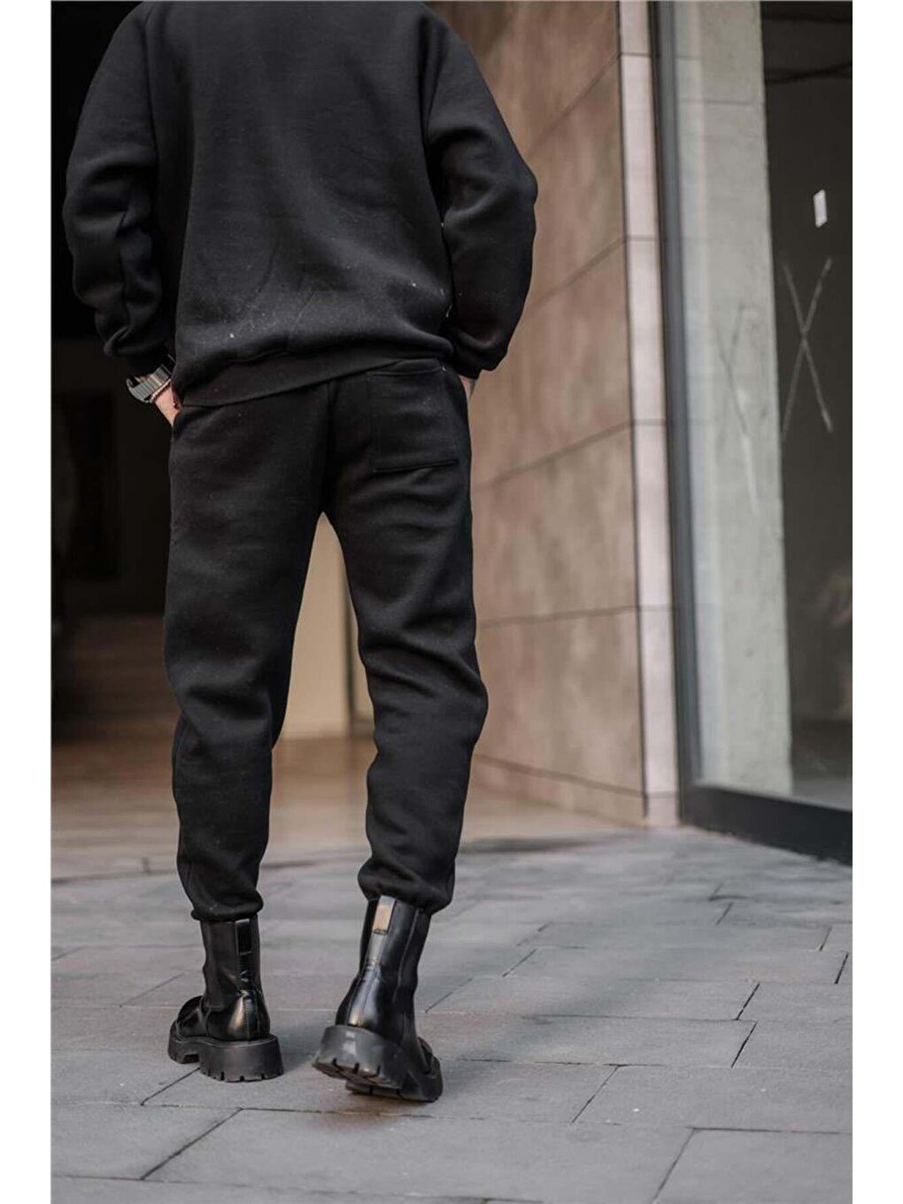 Siyah Erkek Regular Kapüşonlu Paçası Lastikli İçi Yumuşak Pamuklu Eşofman Takımı-3