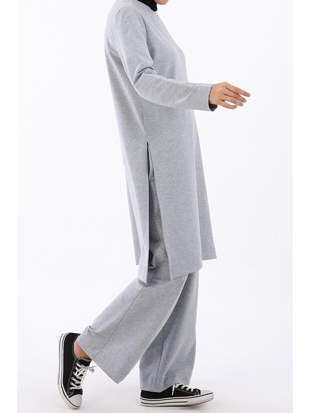 Gri Melanj Yanları Yırtmaçlı Pantolonlu Cepli Takım-3